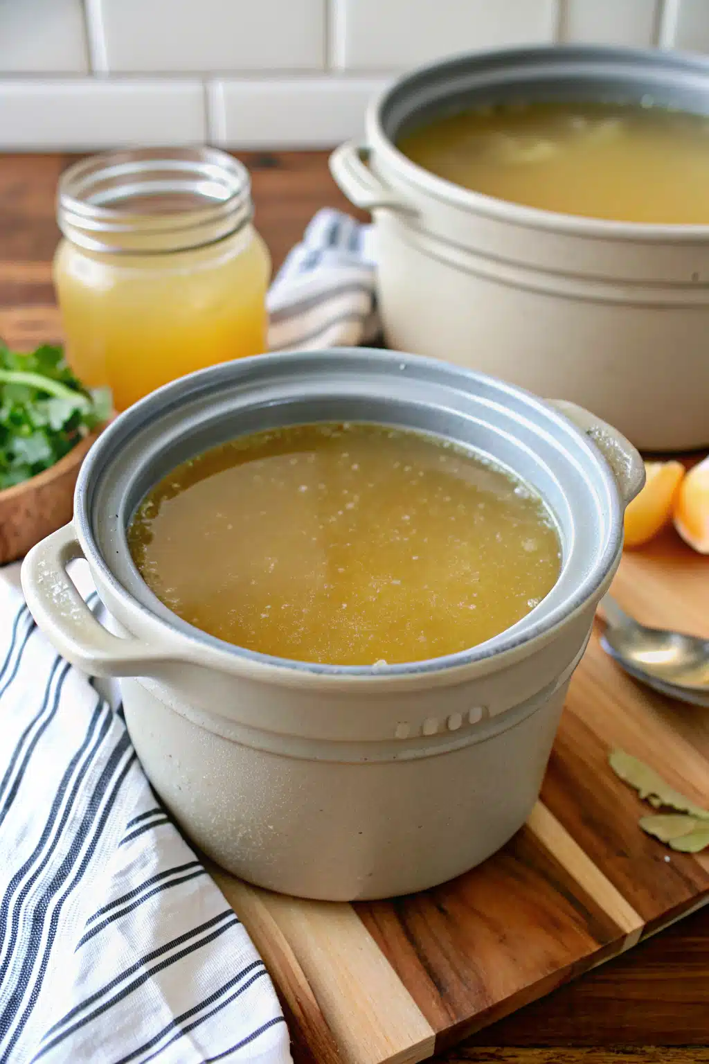 Homemade Chicken Broth beautifully presented from an overhead angle