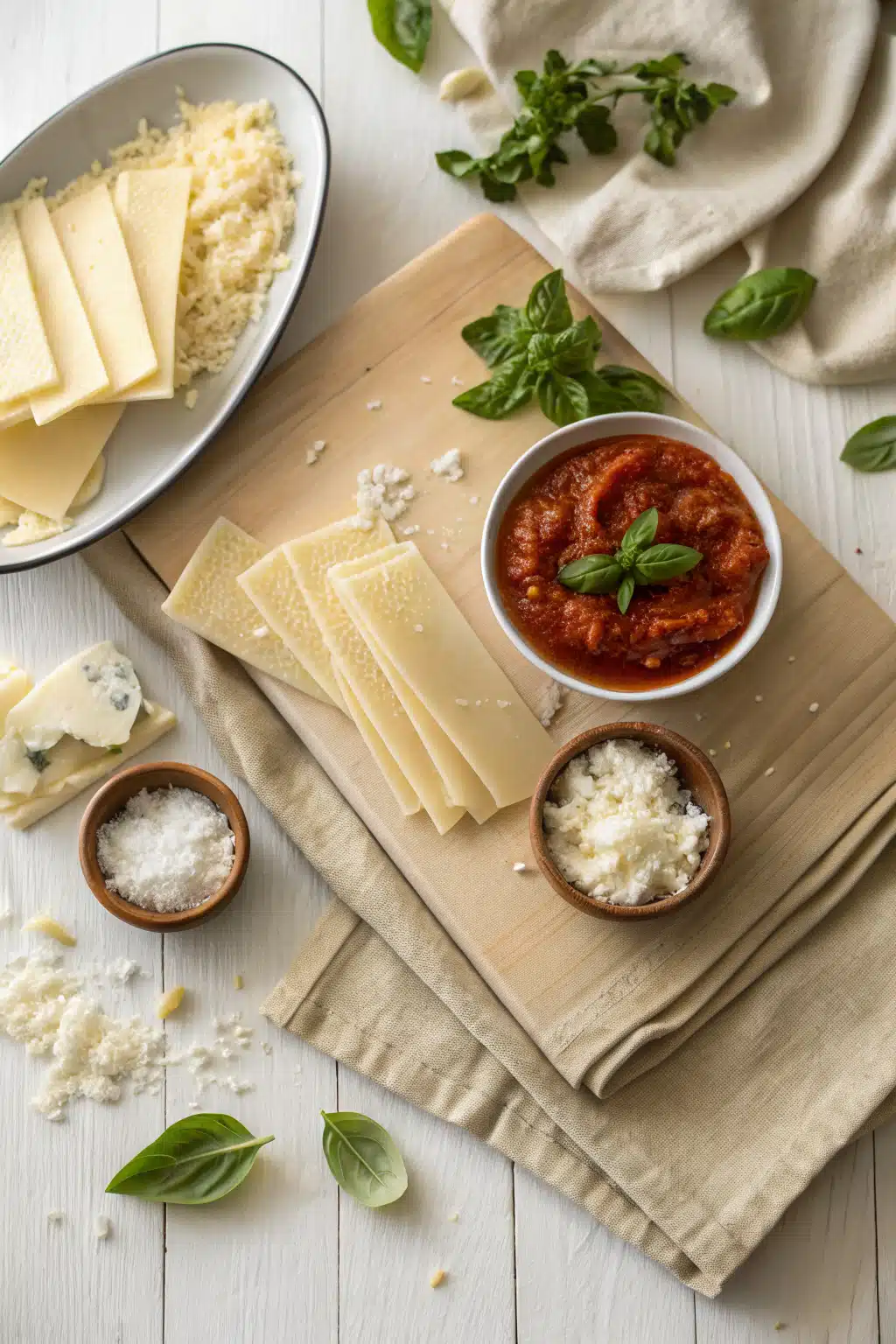 Homemade Lasagna beautifully presented from an overhead angle
