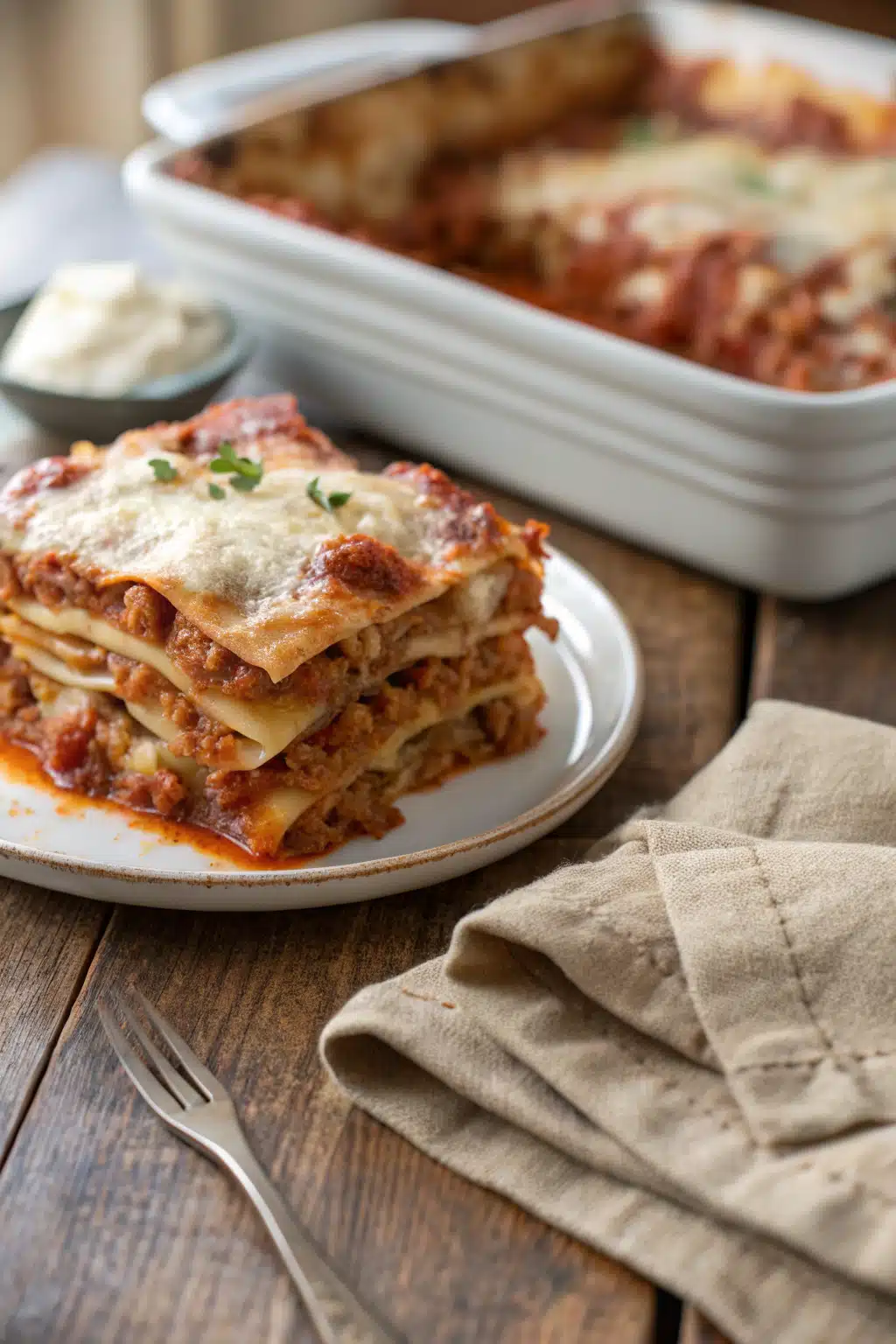 Homemade Lasagna slice on plate showing perfect texture and swirl pattern