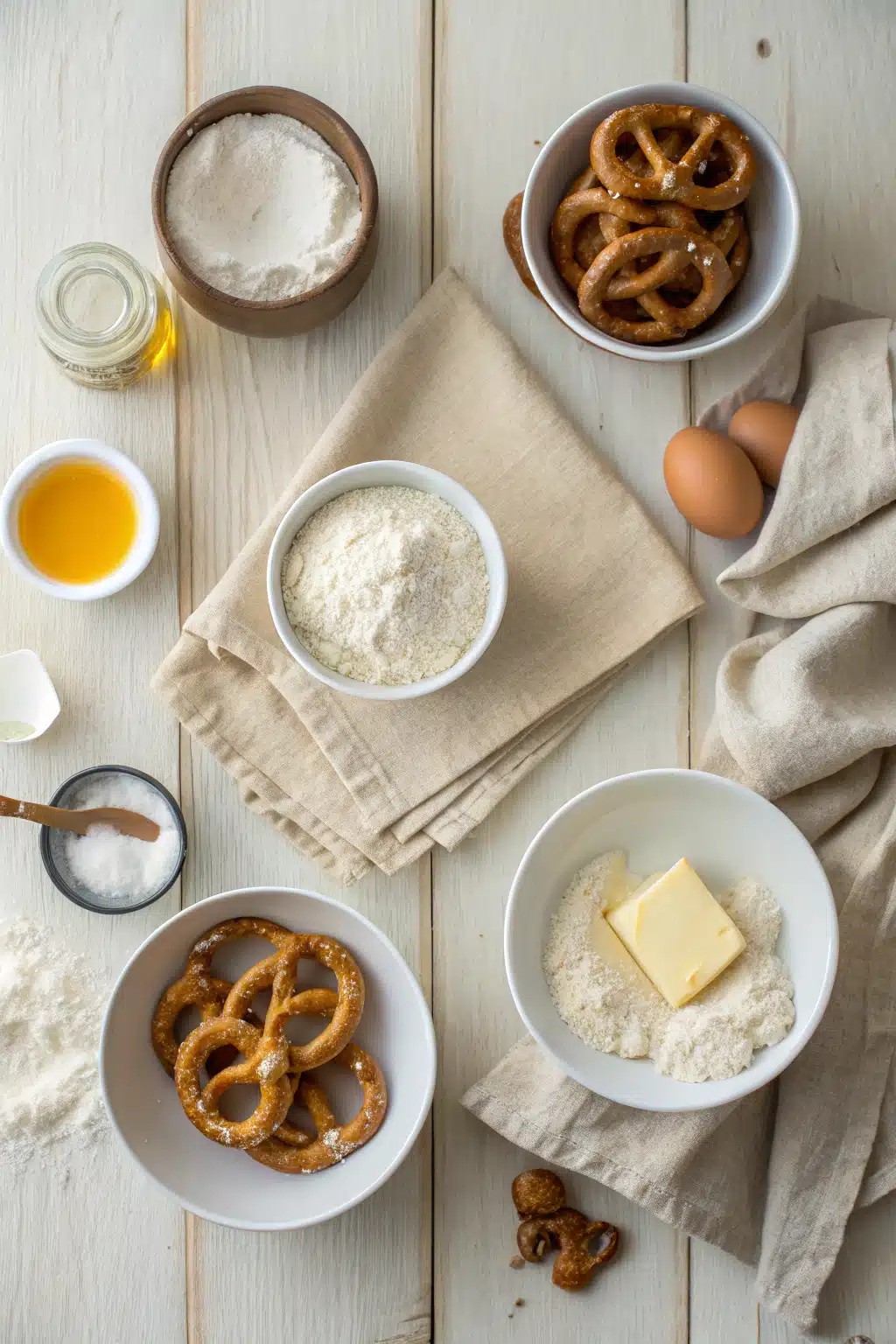 Homemade Soft Pretzels beautifully presented from an overhead angle