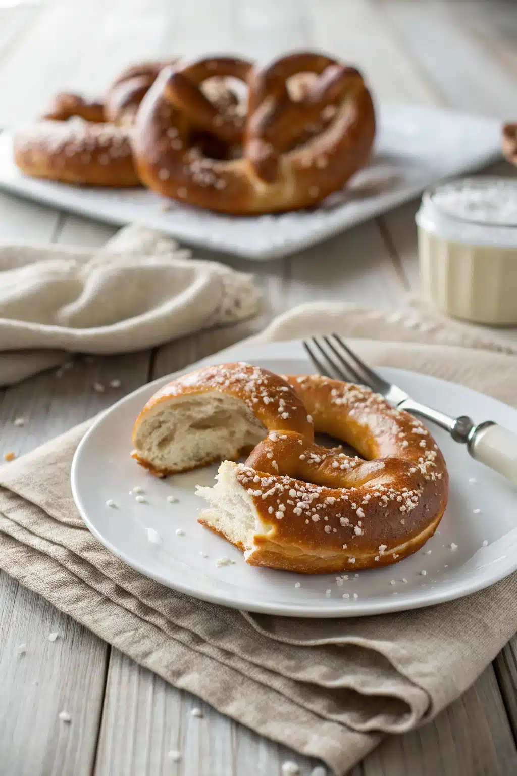 Homemade Soft Pretzels ingredients organized and measured on kitchen counter