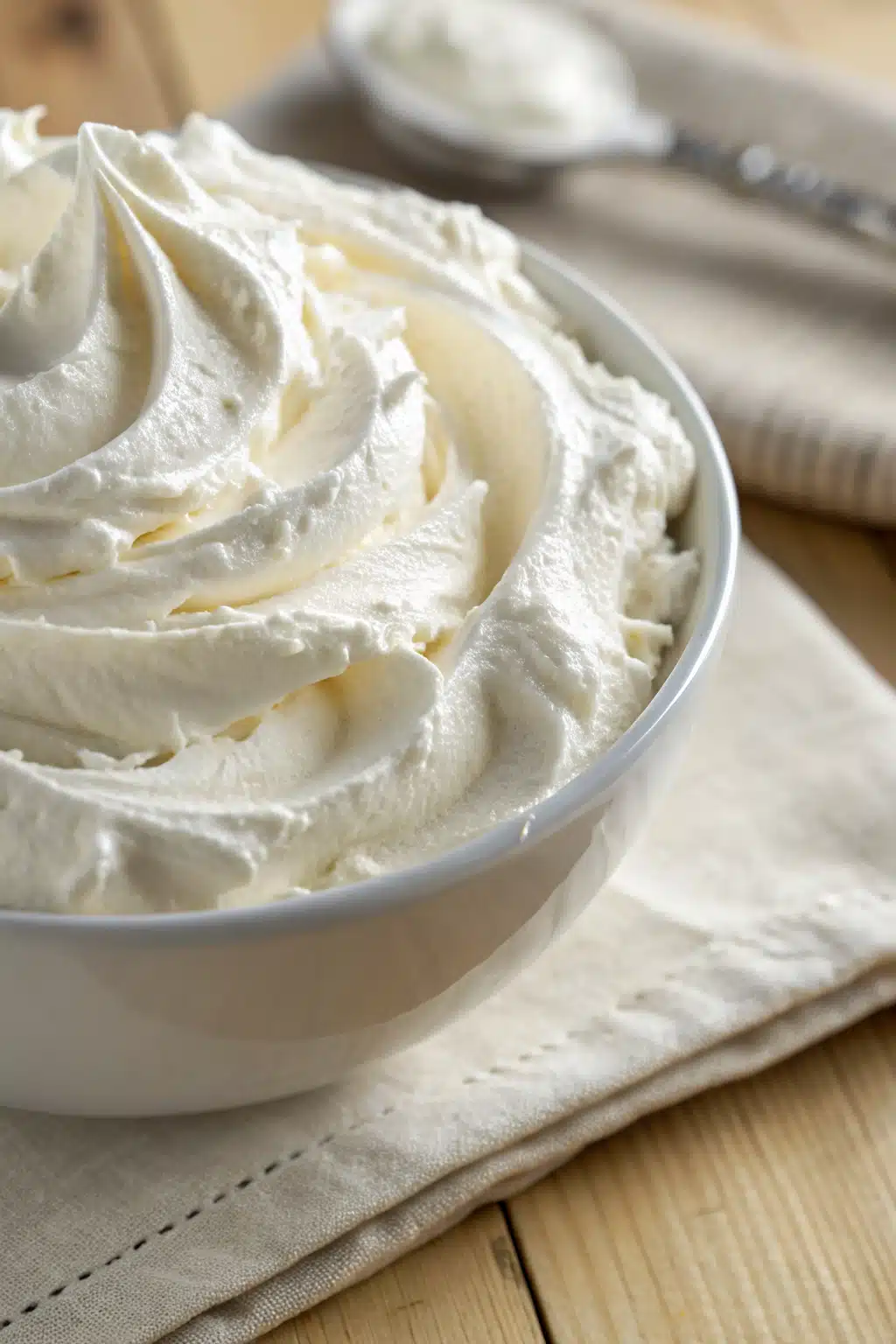 Homemade Whipped Cream slice on plate showing perfect texture and swirl pattern