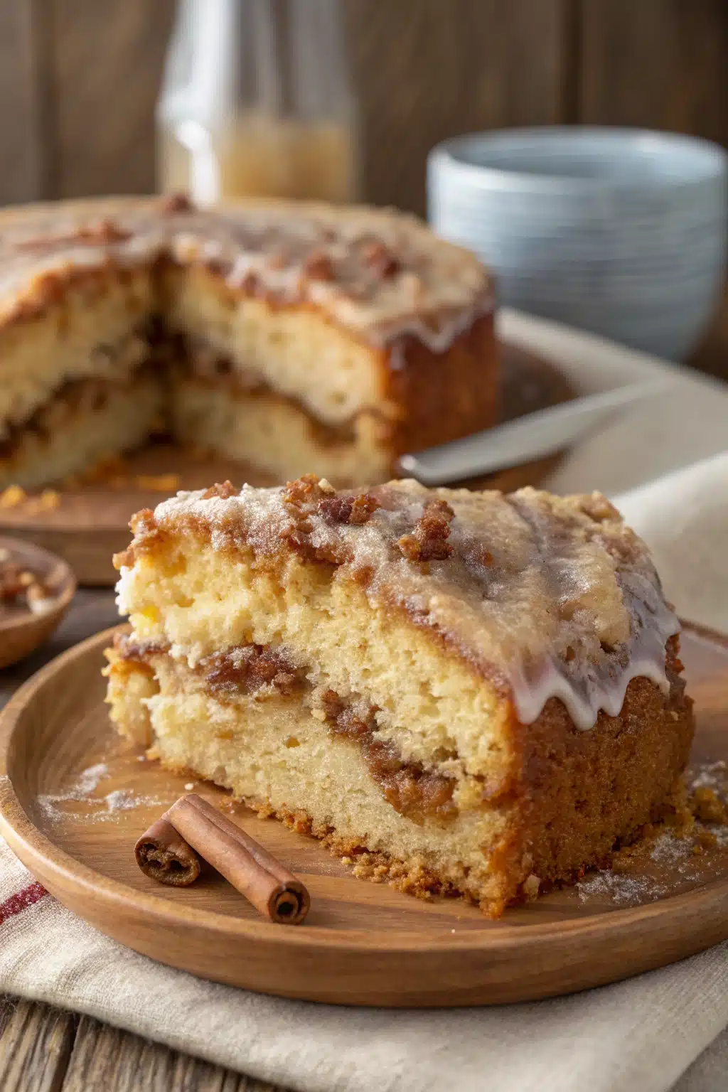 Honey Bun Cake slice on plate showing perfect texture and swirl pattern