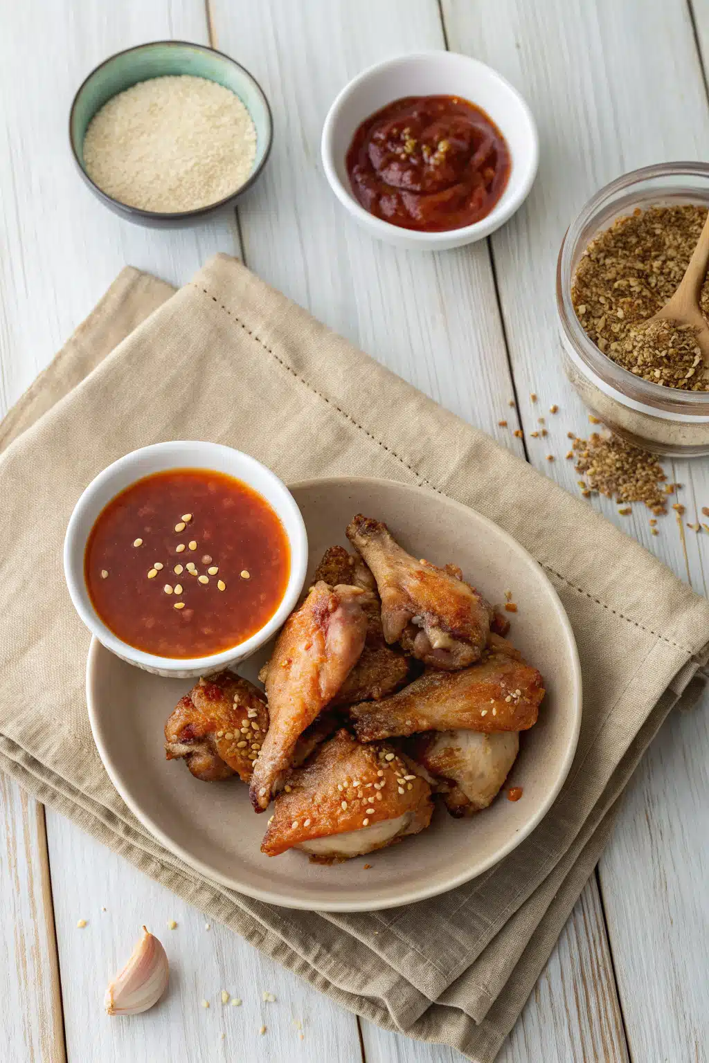 Honey Sriracha Wings beautifully presented from an overhead angle