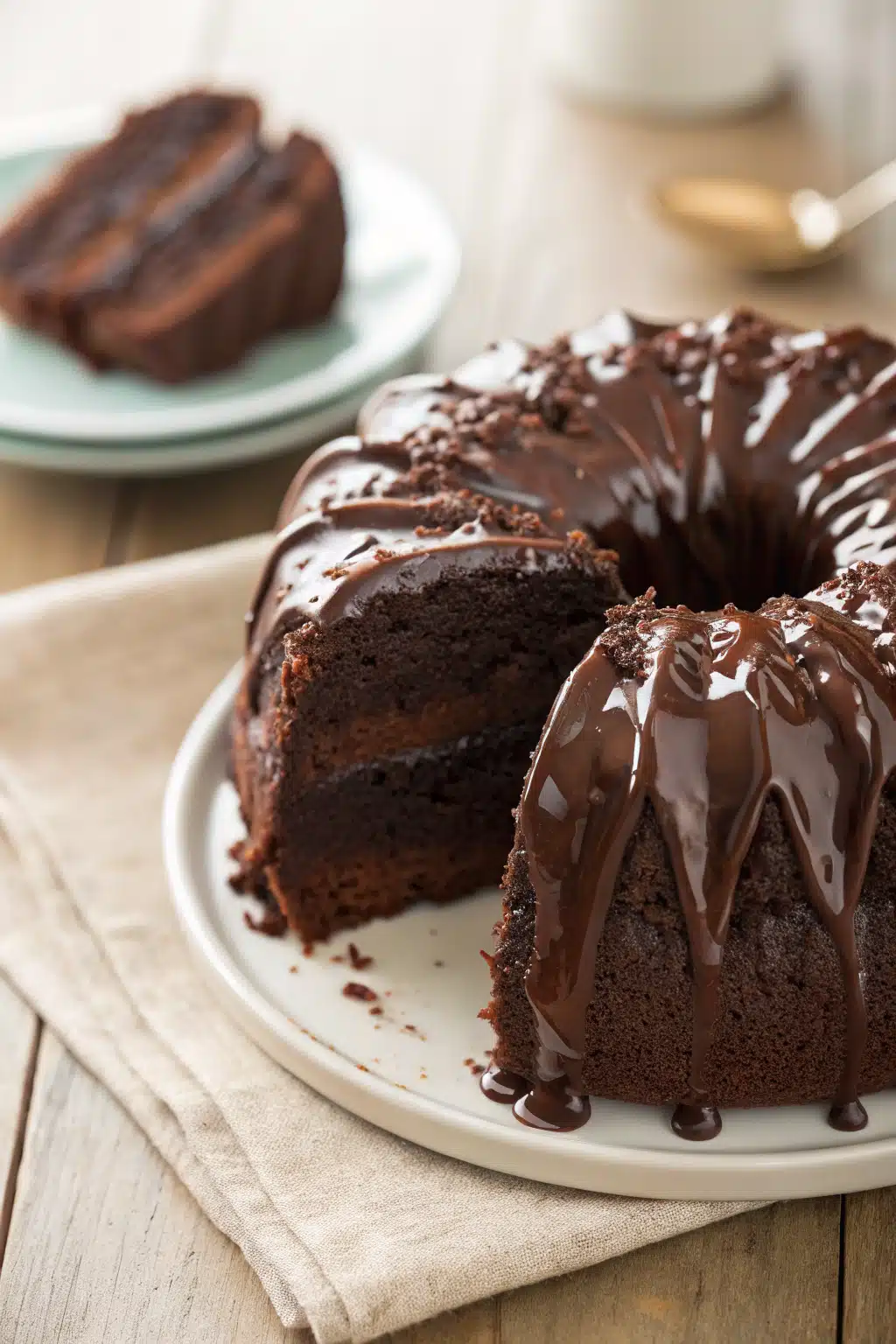 Hot Fudge Pudding Cake slice on plate showing perfect texture and swirl pattern