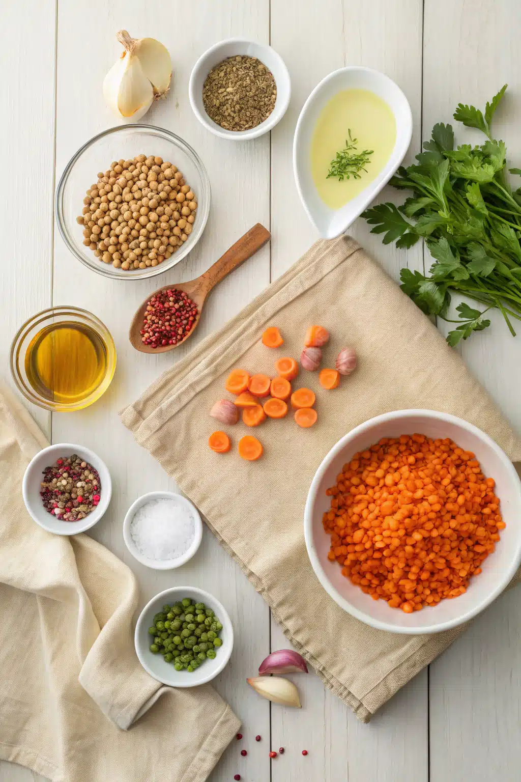 Italian Lentil Soup beautifully presented from an overhead angle