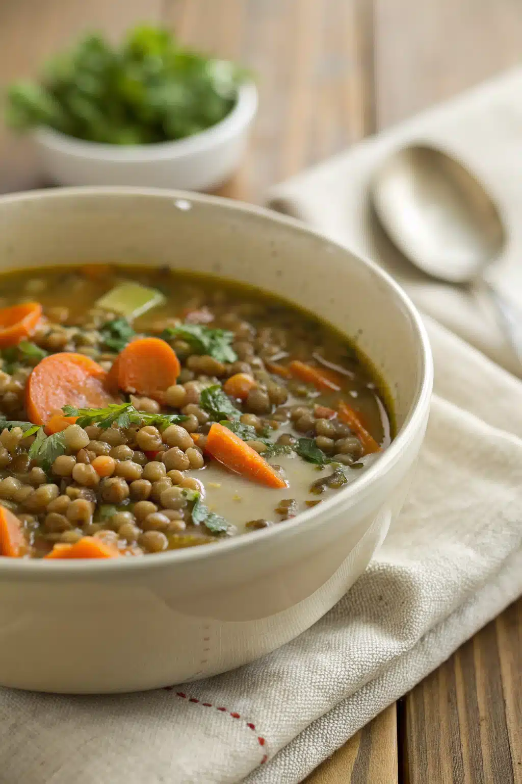 Italian Lentil Soup slice on plate showing perfect texture and swirl pattern