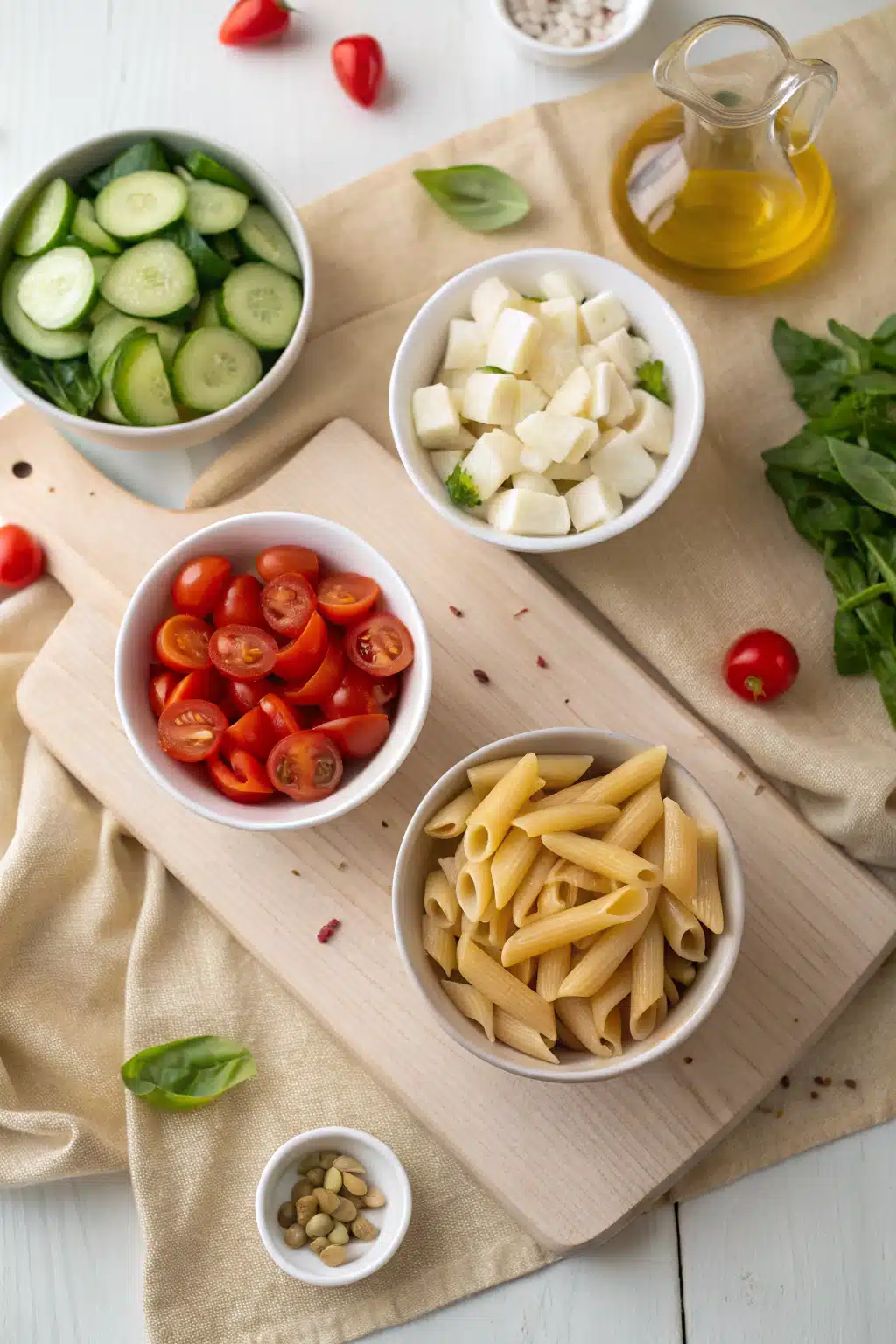 Italian Pasta Salad beautifully presented from an overhead angle
