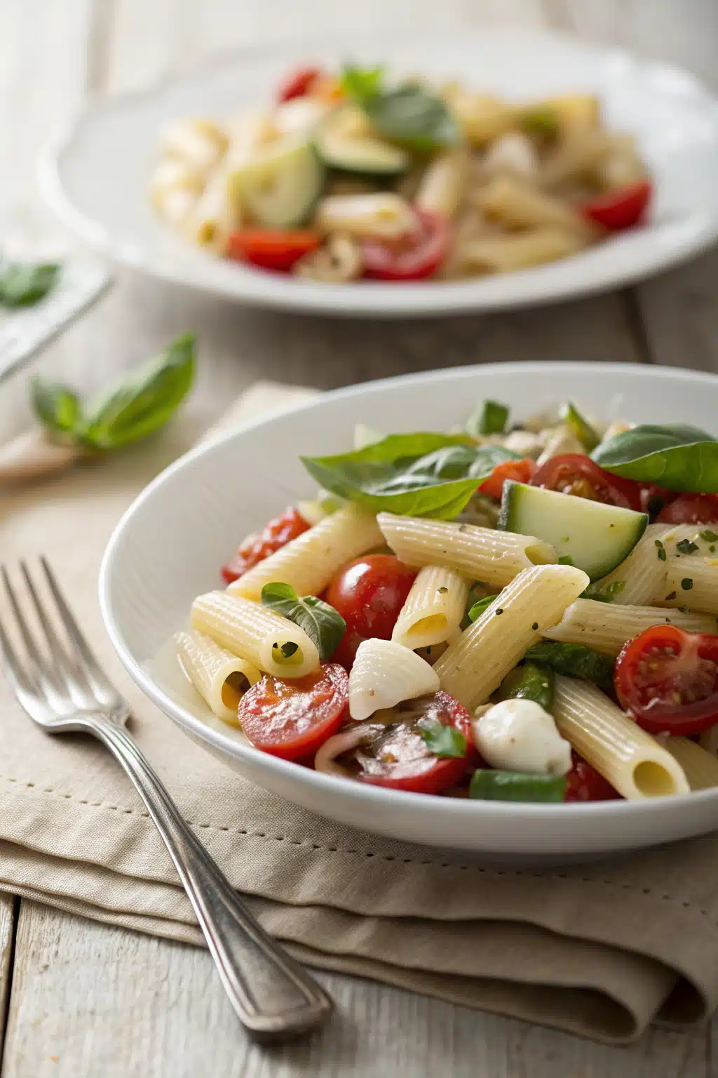 Italian Pasta Salad ingredients organized and measured on kitchen counter