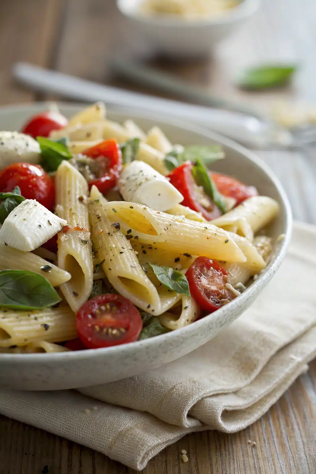 Italian Pasta Salad slice on plate showing perfect texture and swirl pattern