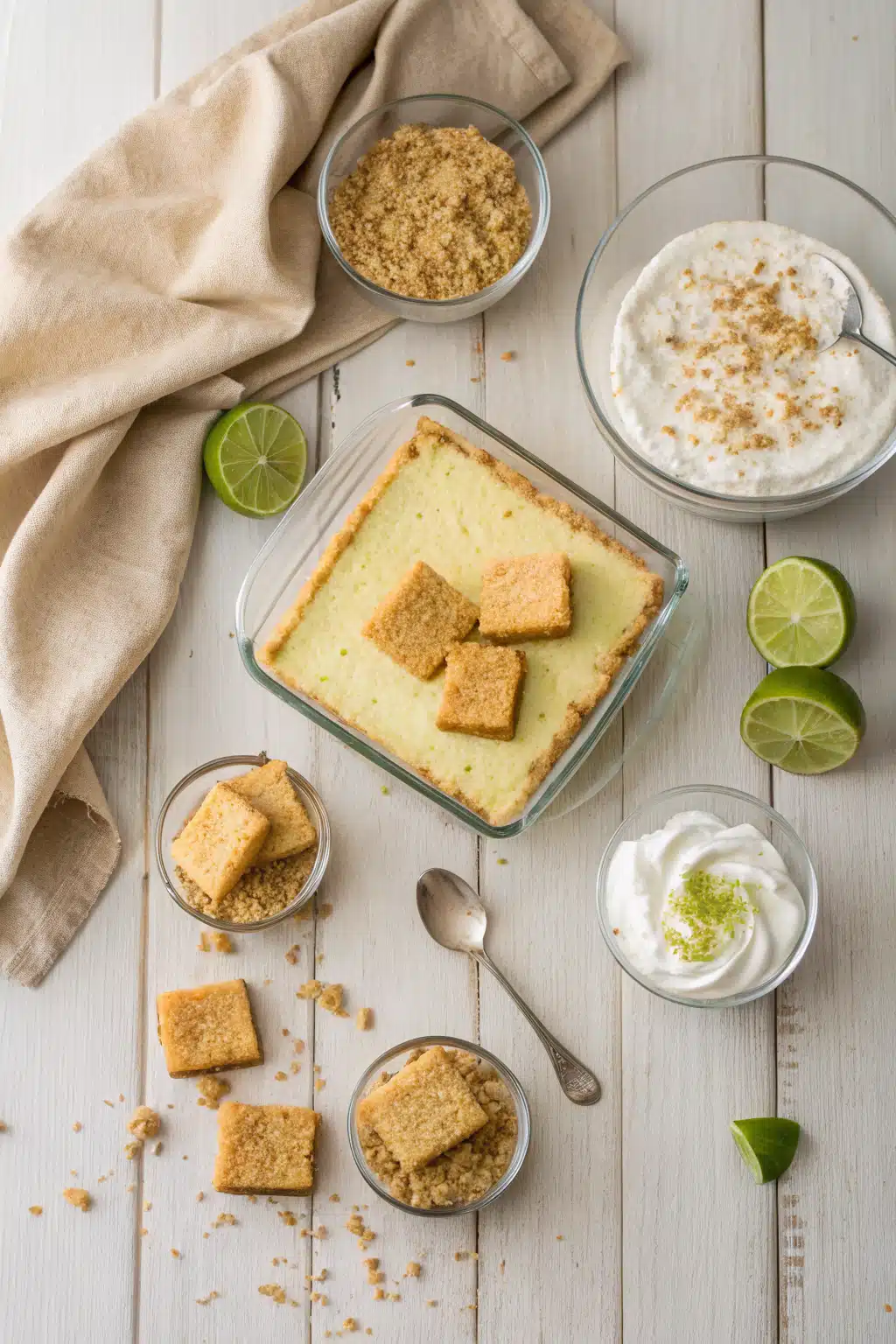 Key Lime Pie Bars beautifully presented from an overhead angle