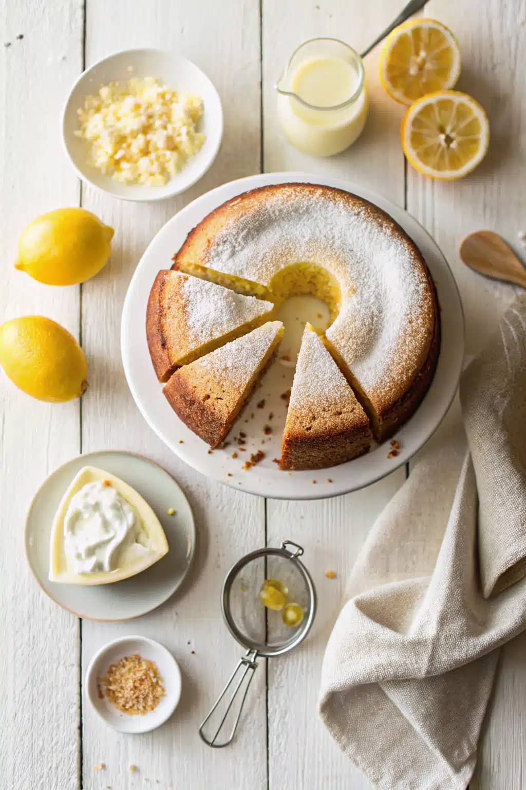 Lemon Cake with Lemon Glaze beautifully presented from an overhead angle
