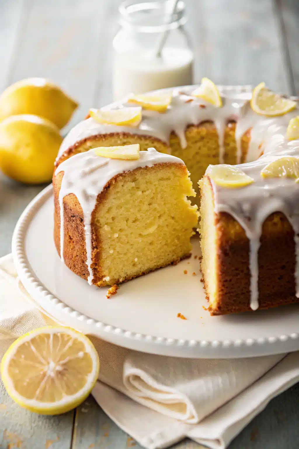 Lemon Cake with Lemon Glaze slice on plate showing perfect texture and swirl pattern
