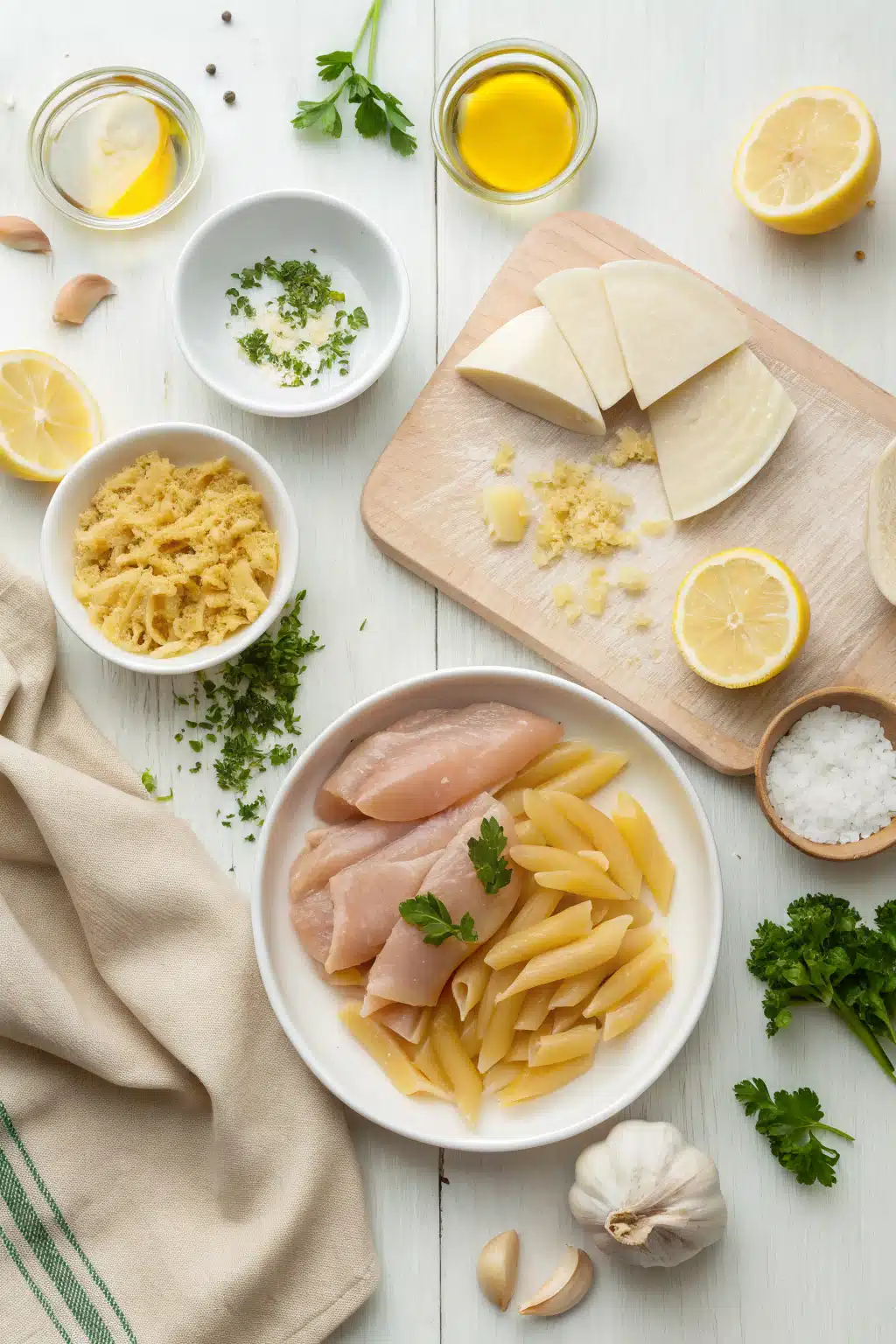 Lemon Chicken Pasta beautifully presented from an overhead angle
