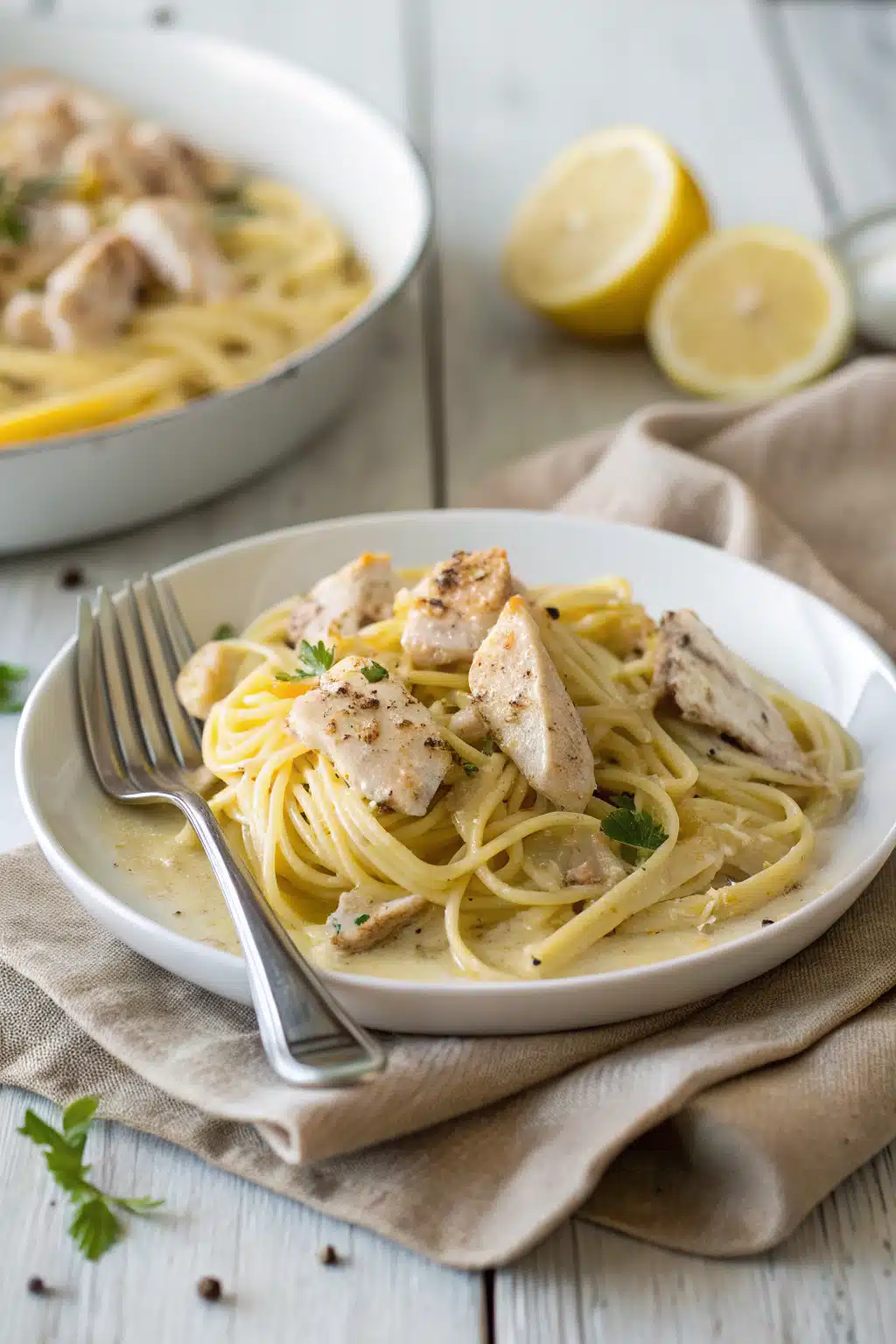 Lemon Chicken Pasta ingredients organized and measured on kitchen counter