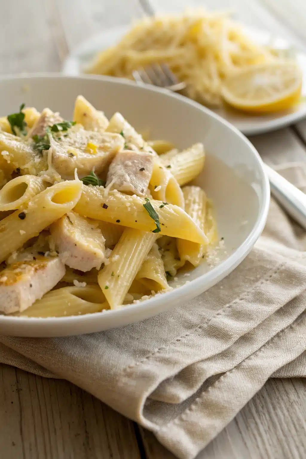 Lemon Chicken Pasta slice on plate showing perfect texture and swirl pattern