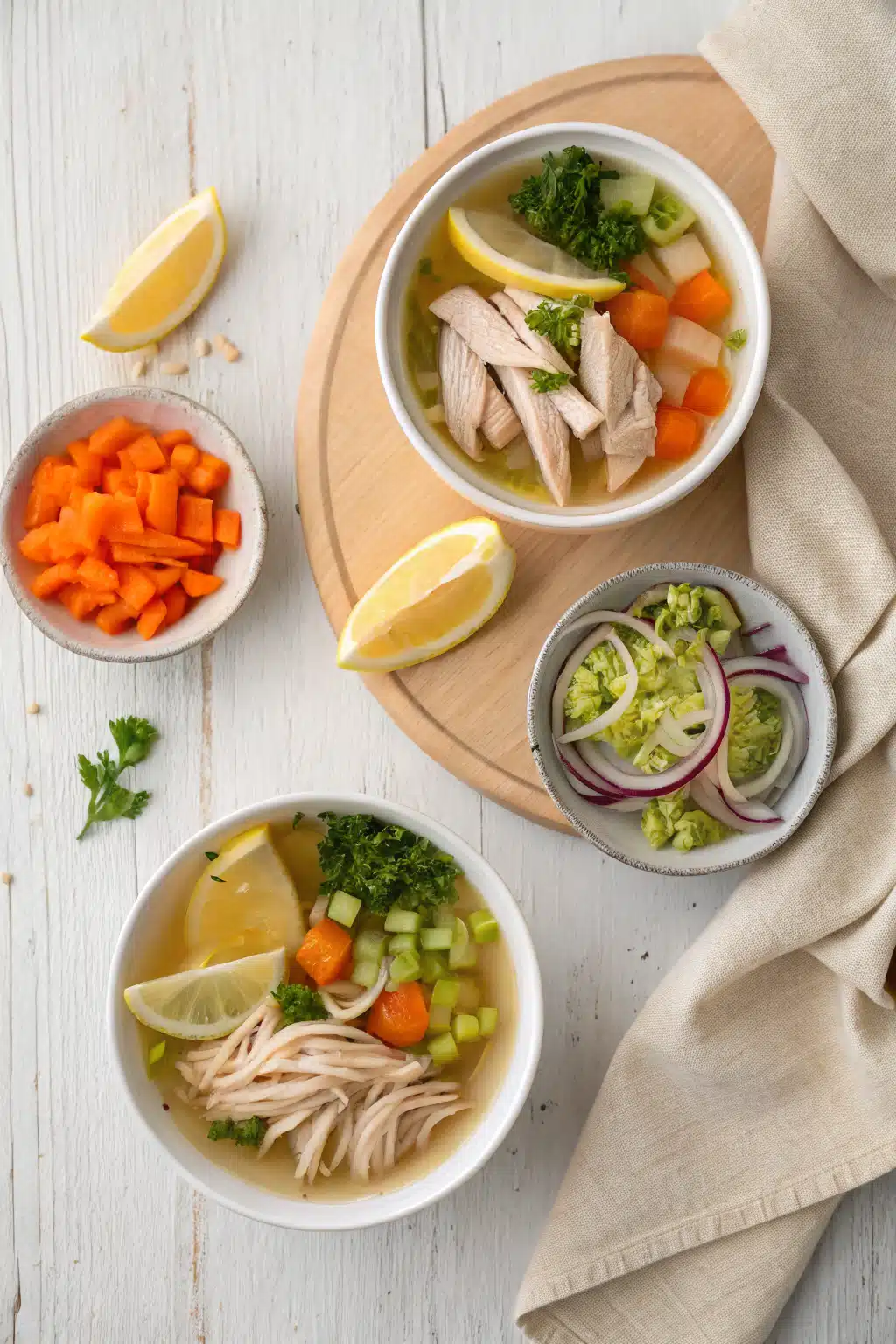Lemon Chicken Soup beautifully presented from an overhead angle