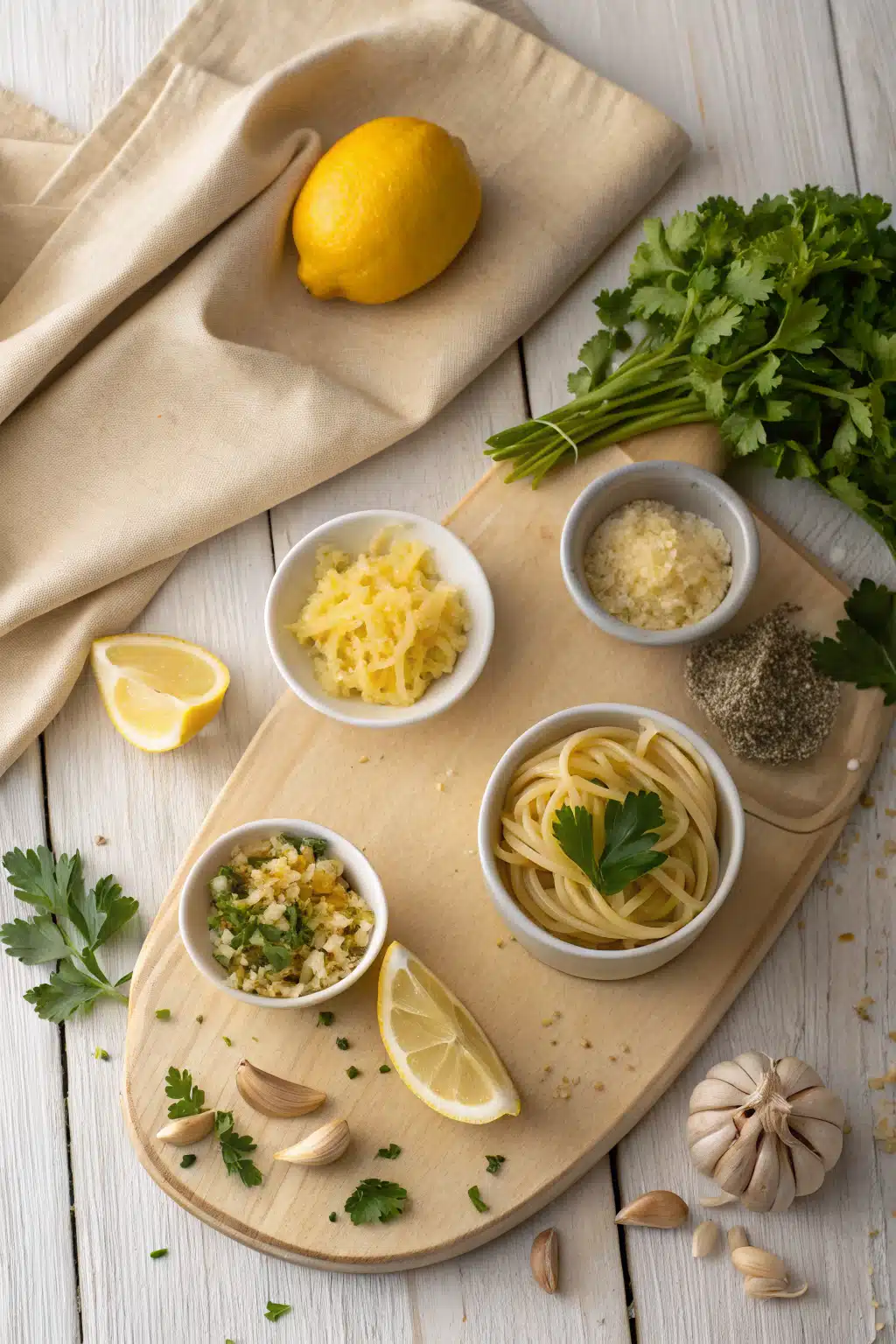 Lemon Garlic Pasta beautifully presented from an overhead angle