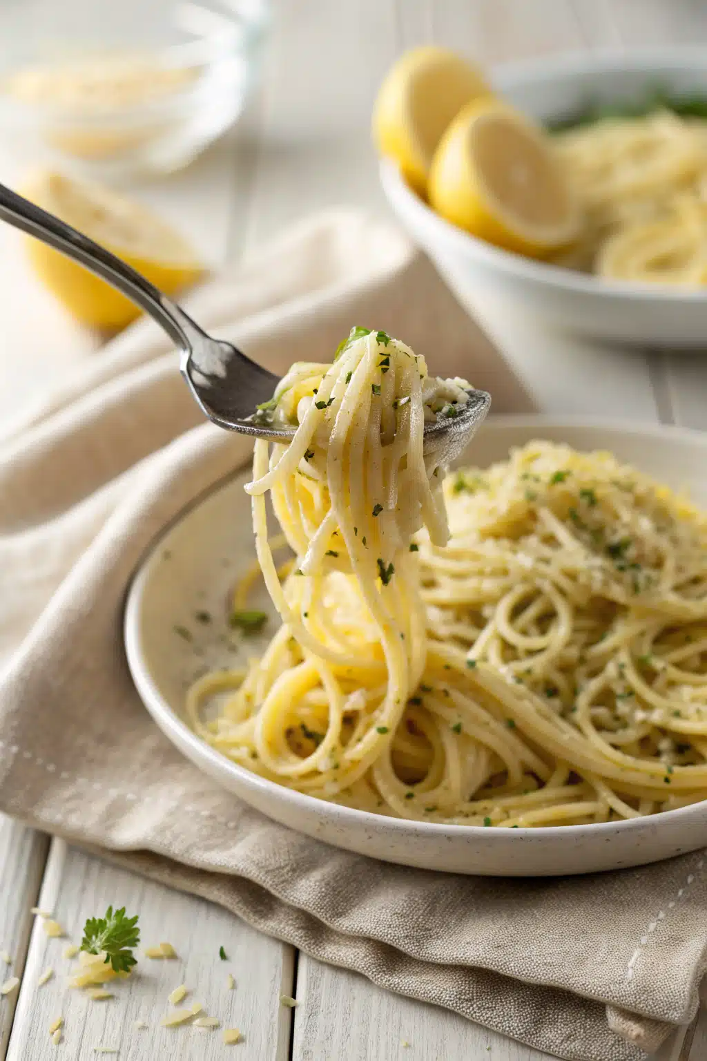 Lemon Garlic Pasta slice on plate showing perfect texture and swirl pattern
