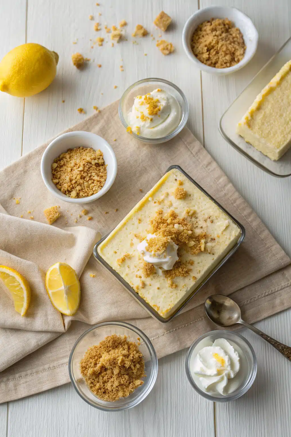 Lemon Icebox Cake beautifully presented from an overhead angle