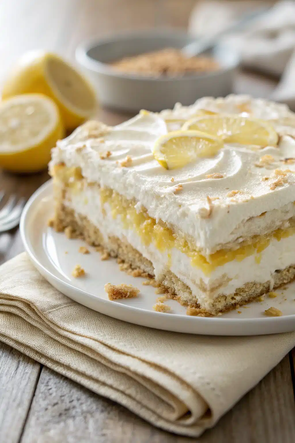 Lemon Icebox Cake slice on plate showing perfect texture and swirl pattern