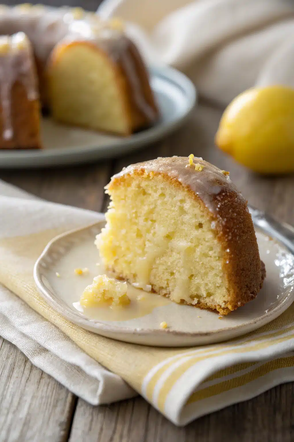 Lemon Pound Cake slice on plate showing perfect texture and swirl pattern