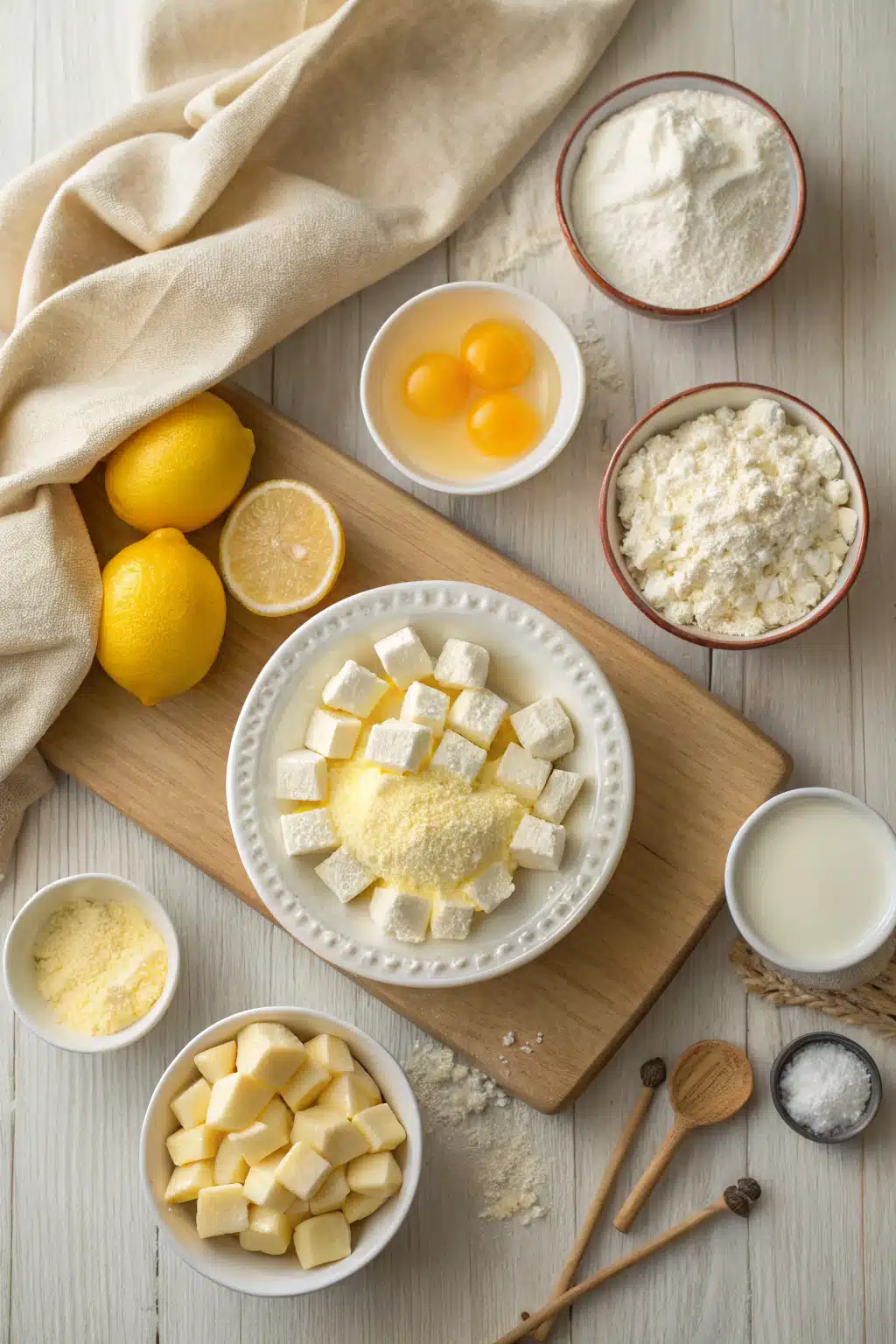 Lemon Ricotta Cake beautifully presented from an overhead angle