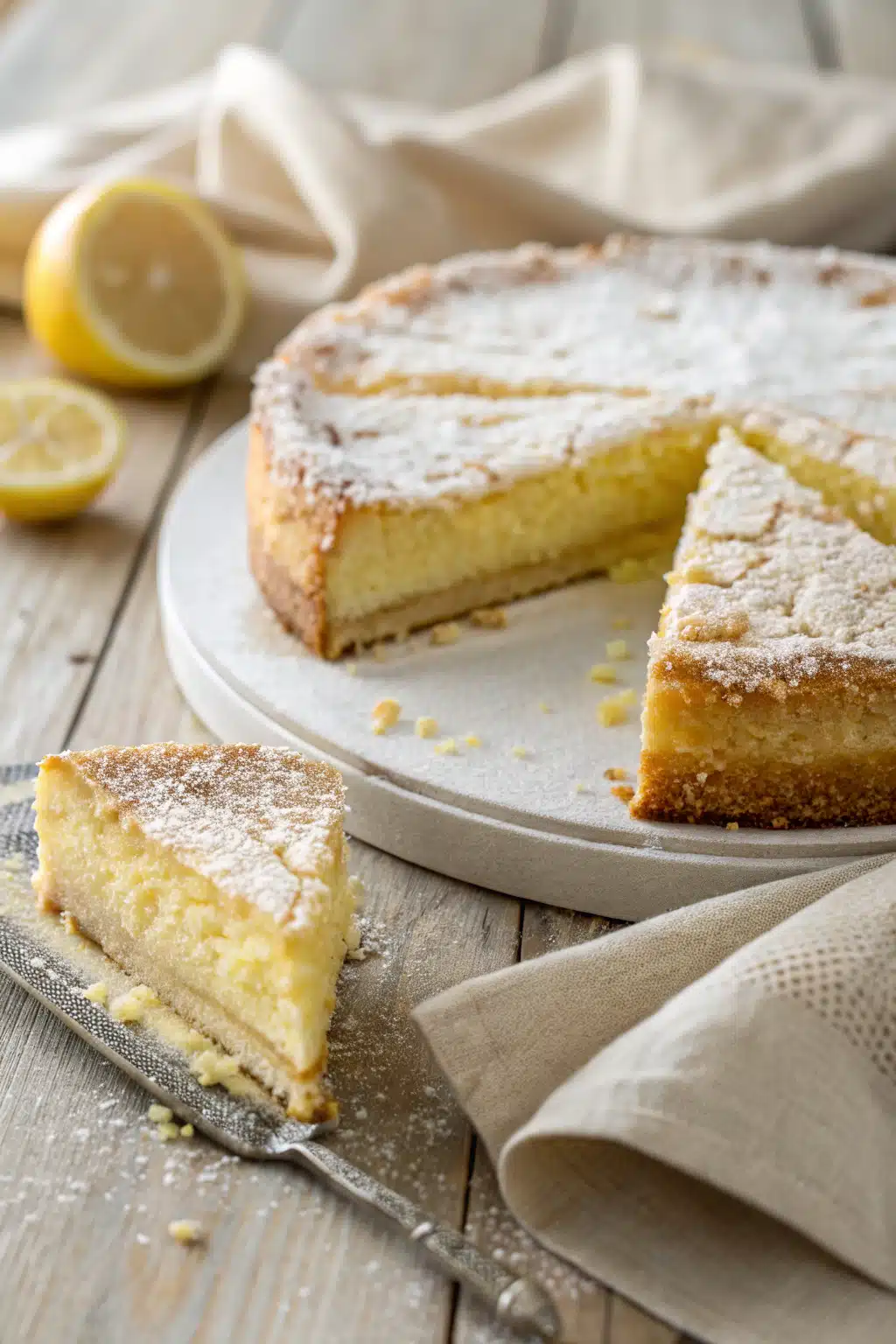 Lemon Ricotta Cake slice on plate showing perfect texture and swirl pattern