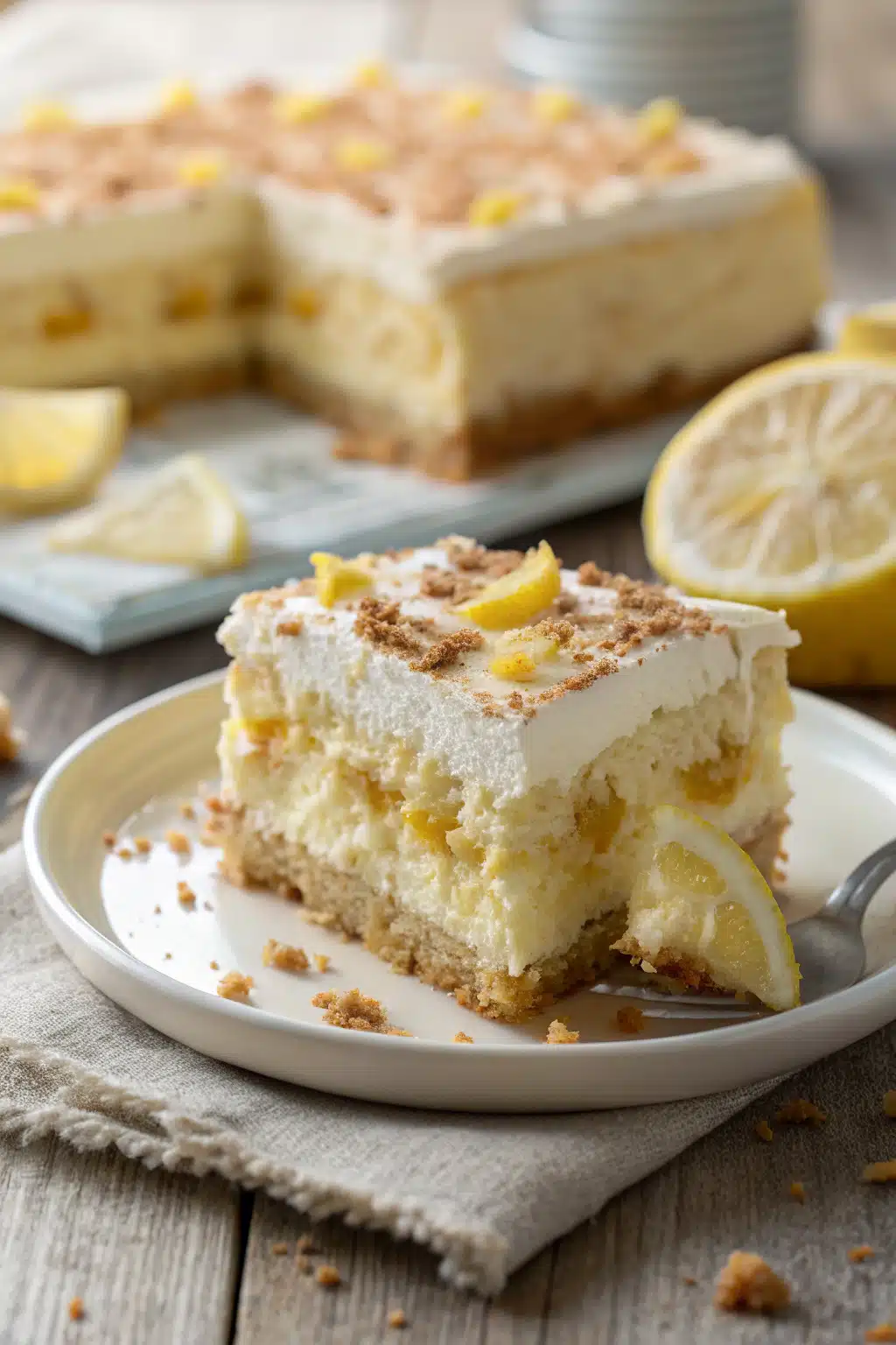 Lemon Tiramisu slice on plate showing perfect texture and swirl pattern