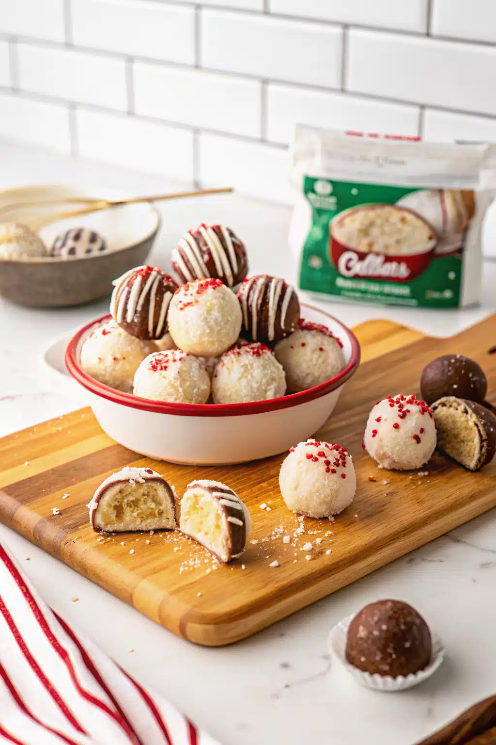 Little Debbie Christmas Cake Balls beautifully presented from an overhead angle