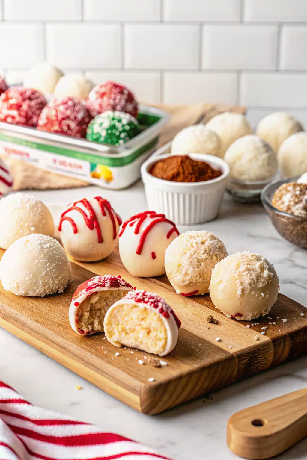 Little Debbie Christmas Cake Balls ingredients organized and measured on kitchen counter