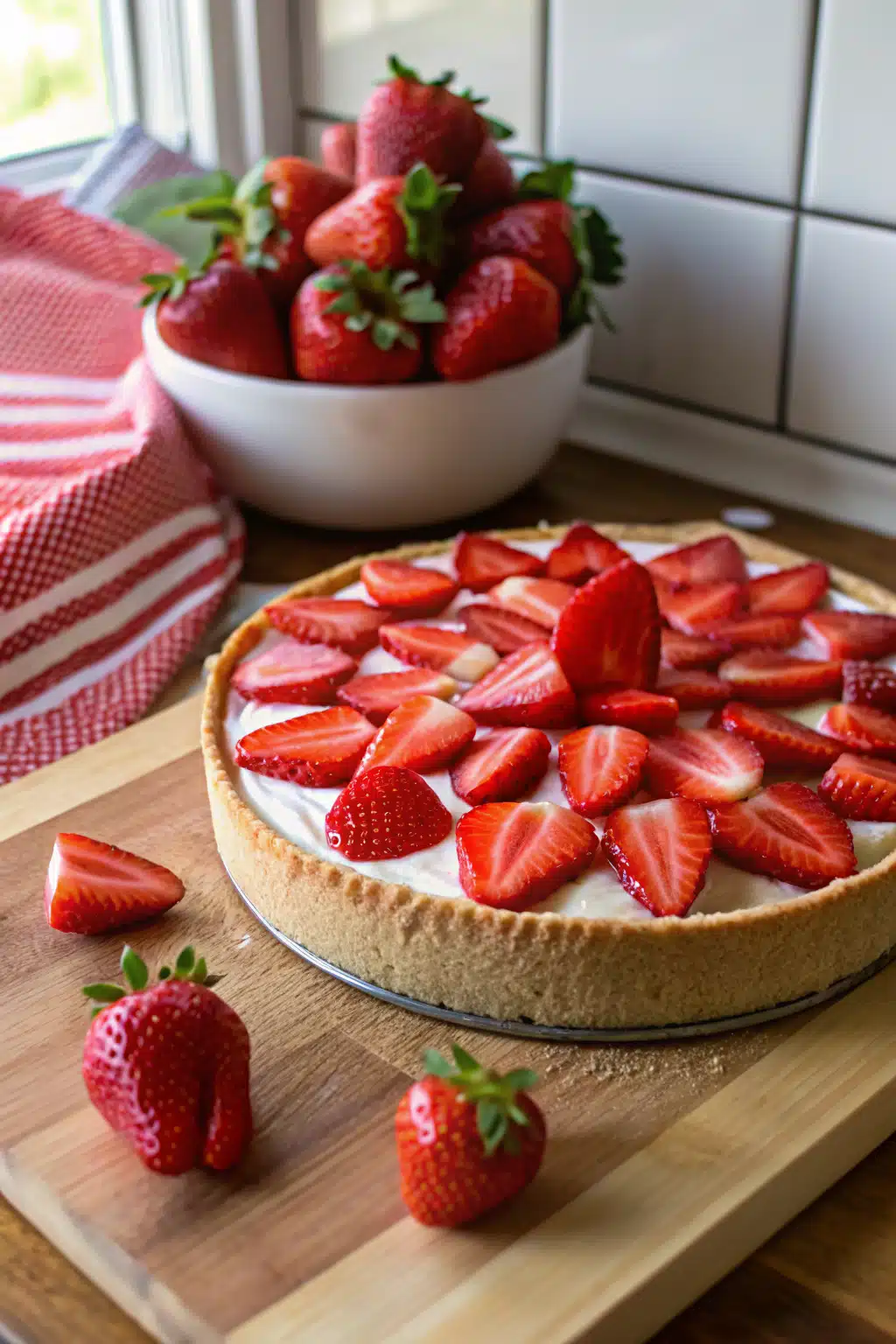 Low Fat Strawberry No-Bake Cheesecake beautifully presented from an overhead angle
