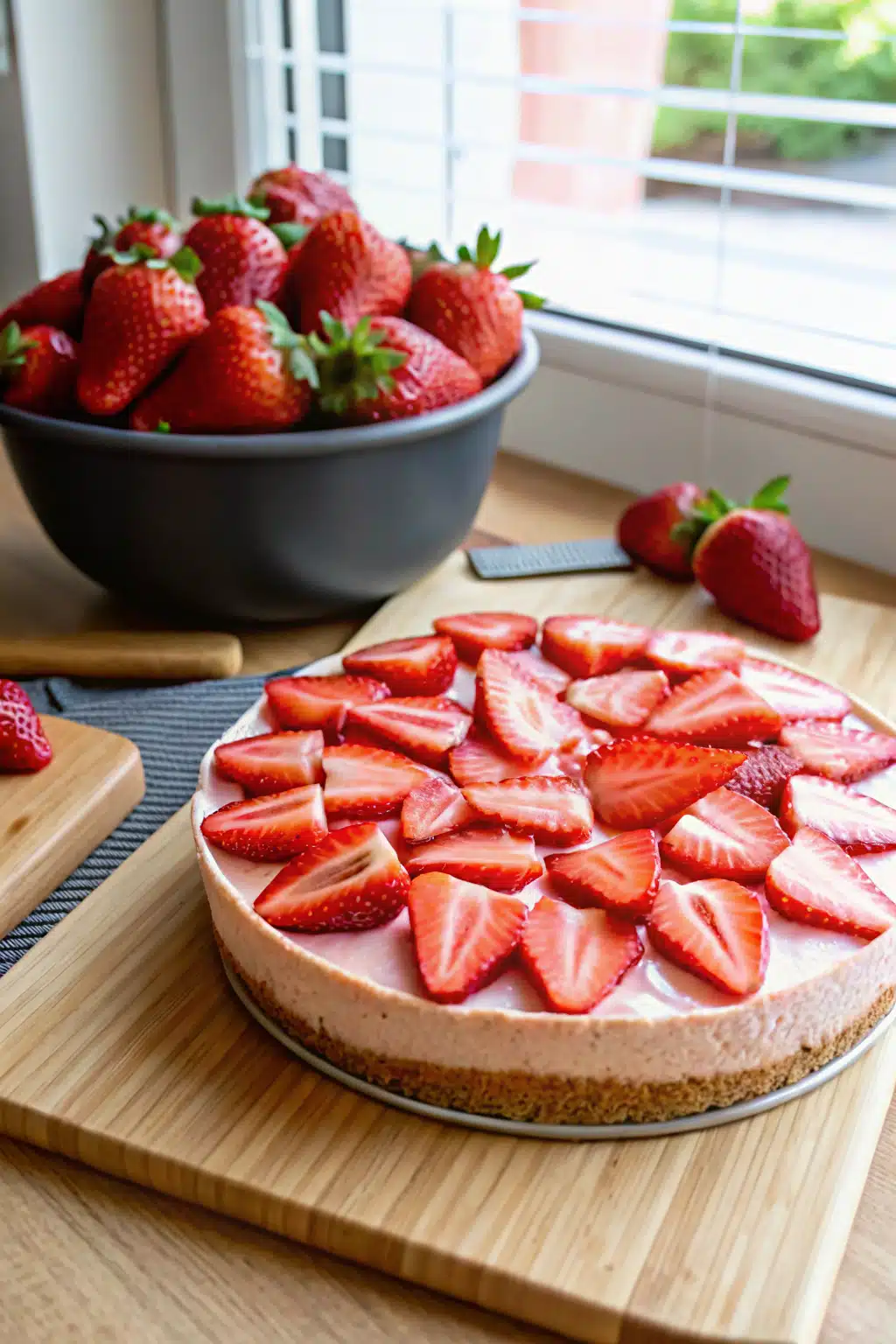 Low Fat Strawberry No-Bake Cheesecake ingredients organized and measured on kitchen counter