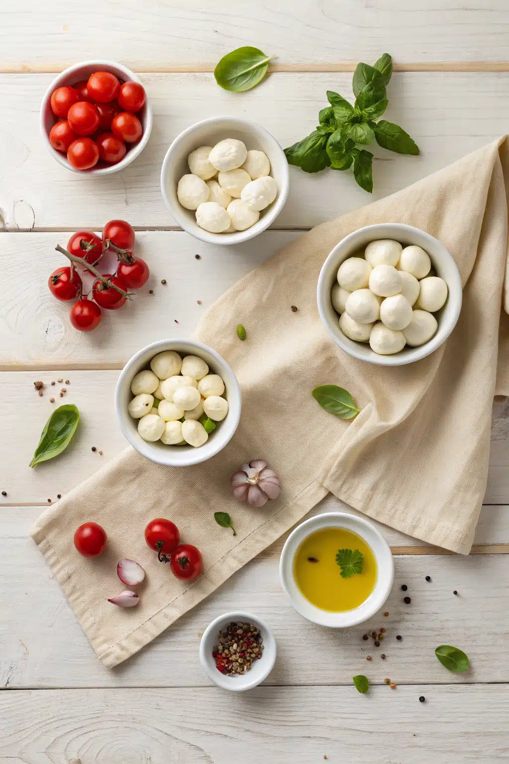 Marinated Mozzarella Balls beautifully presented from an overhead angle