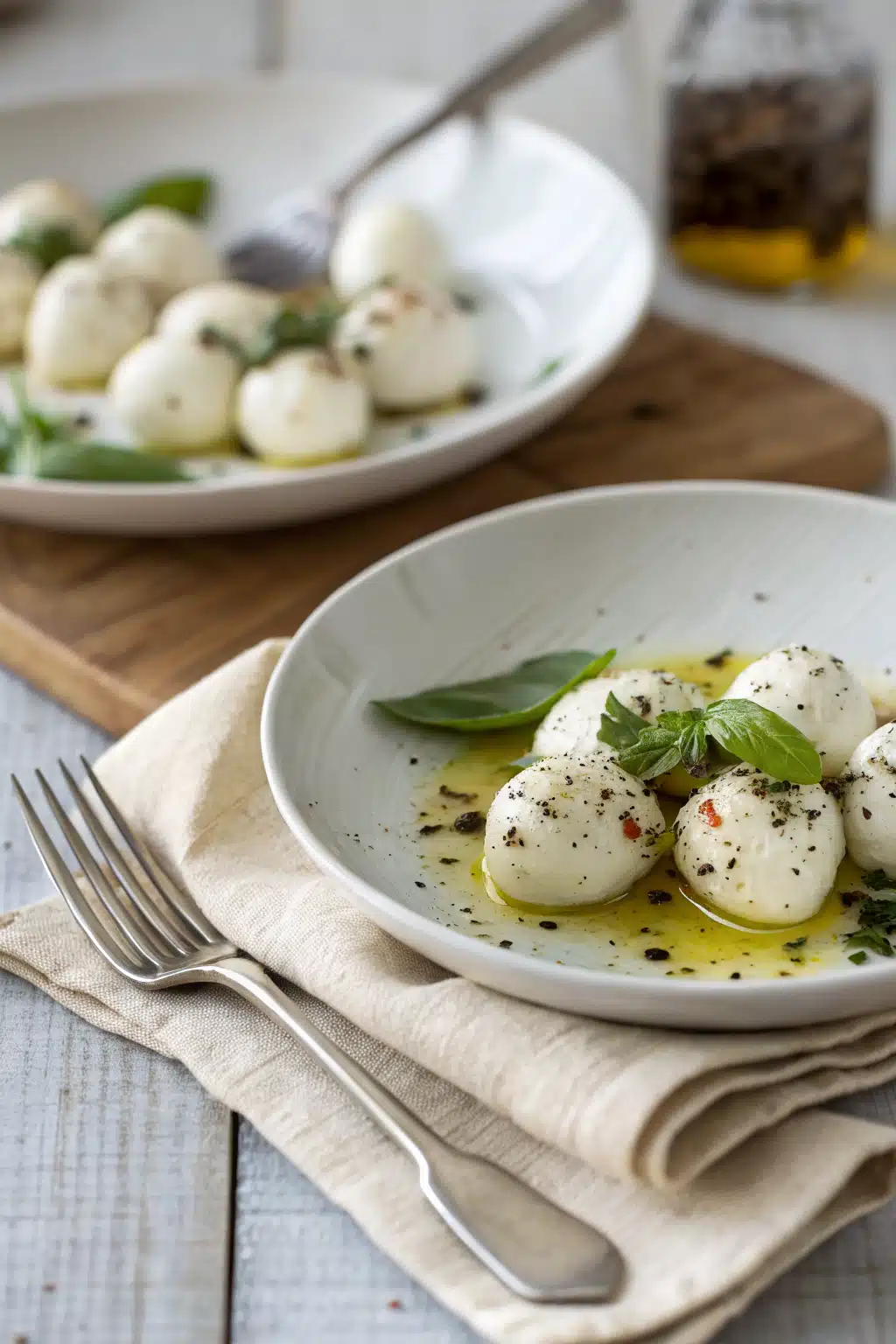 Marinated Mozzarella Balls ingredients organized and measured on kitchen counter