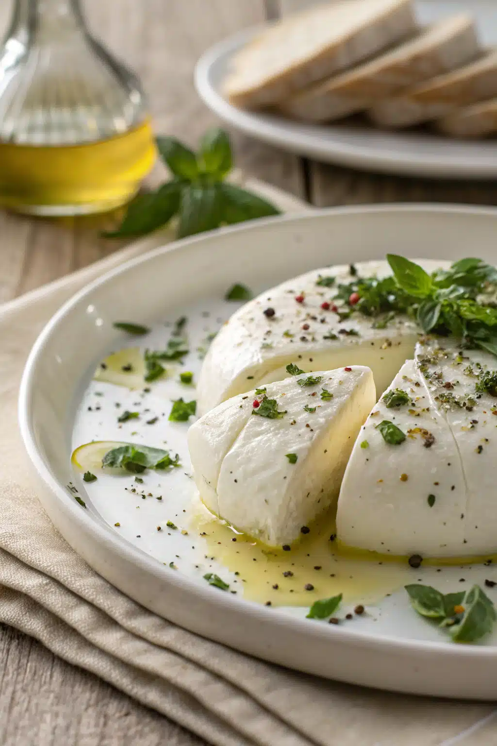 Marinated Mozzarella Balls slice on plate showing perfect texture and swirl pattern