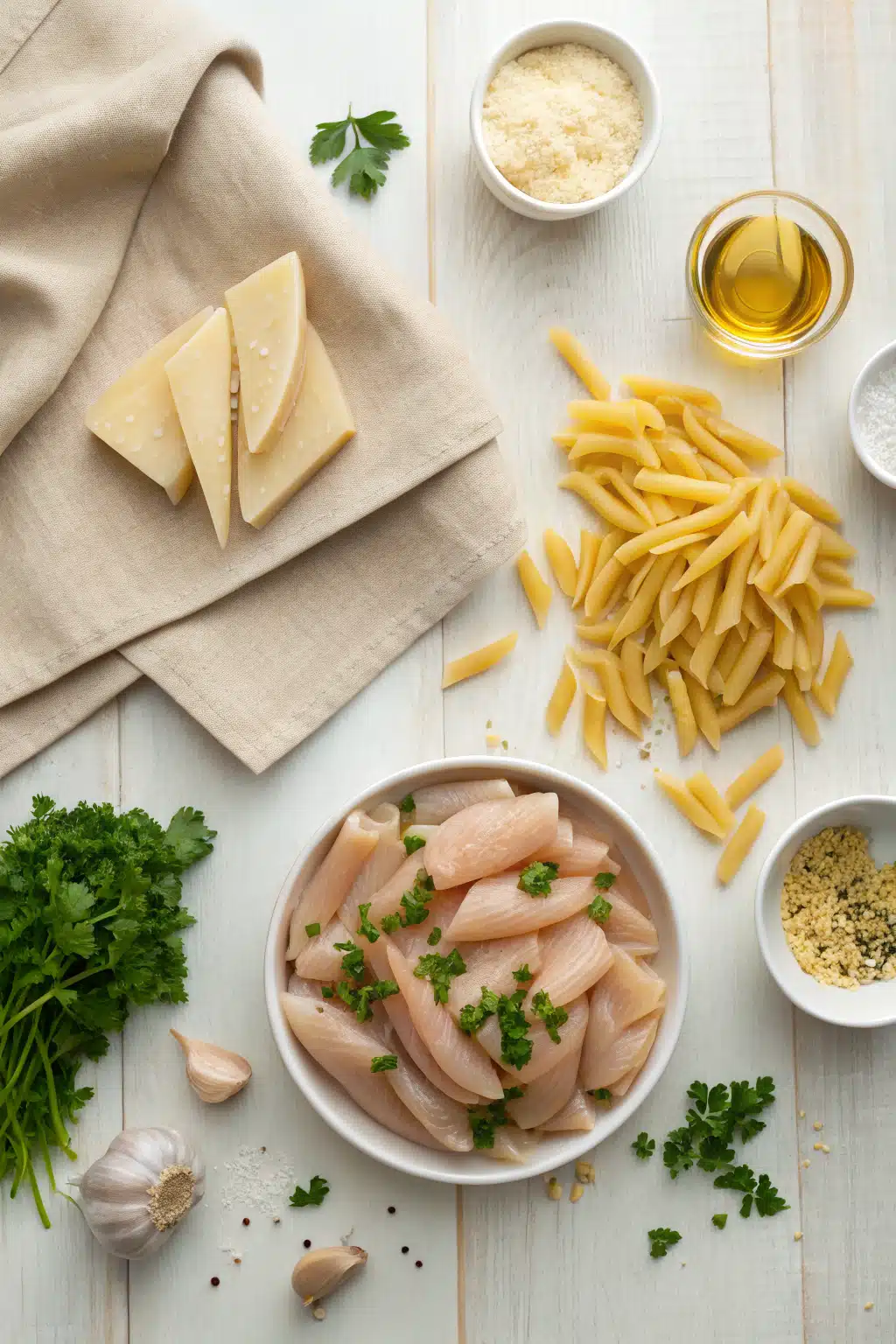 Chicken Pasta beautifully presented from an overhead angle