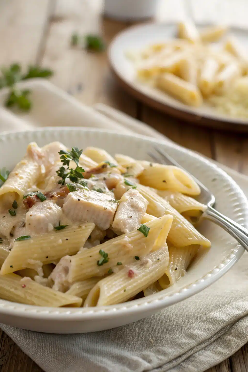Chicken Pasta slice on plate showing perfect texture and swirl pattern