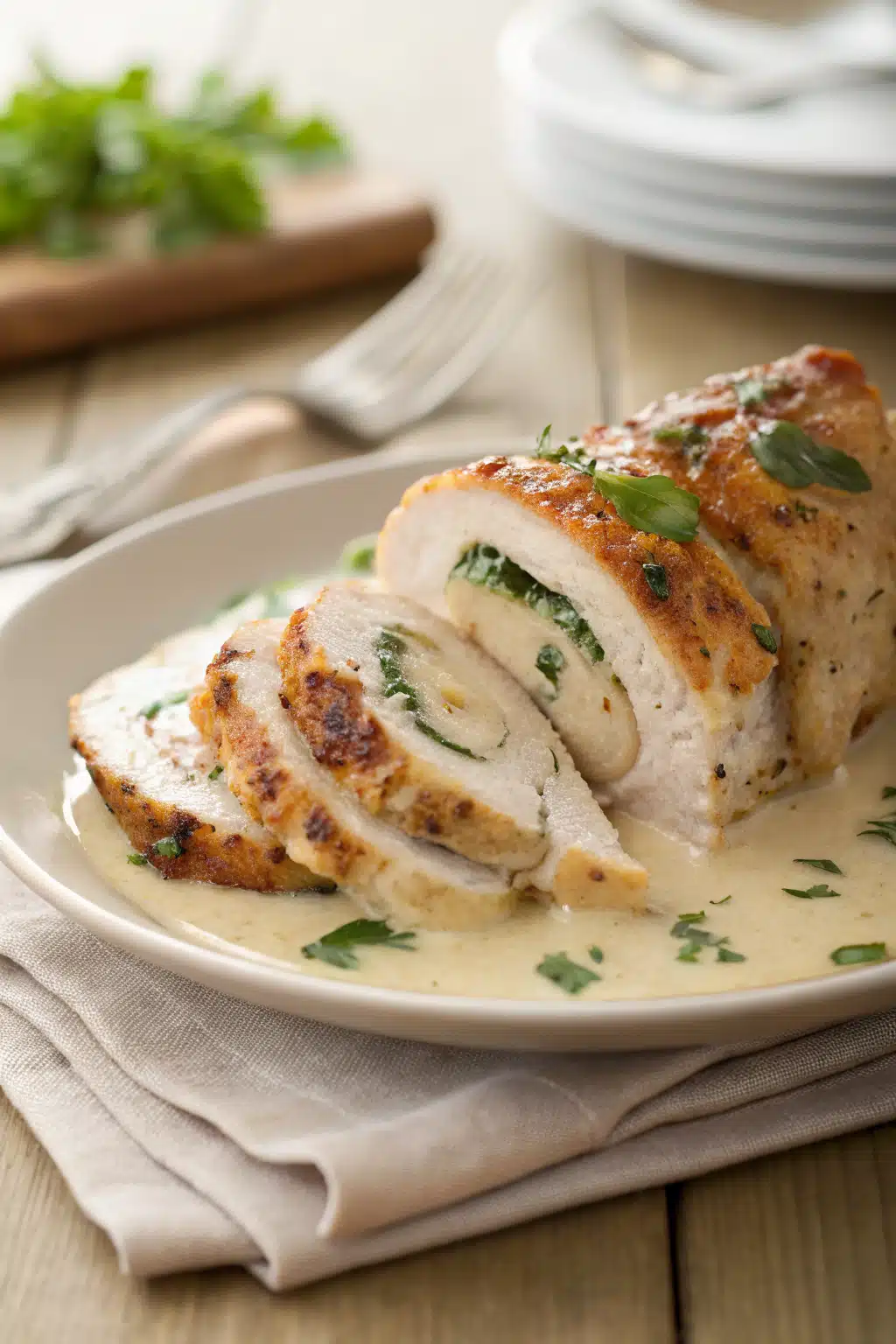 Marry Me Chicken slice on plate showing perfect texture and swirl pattern
