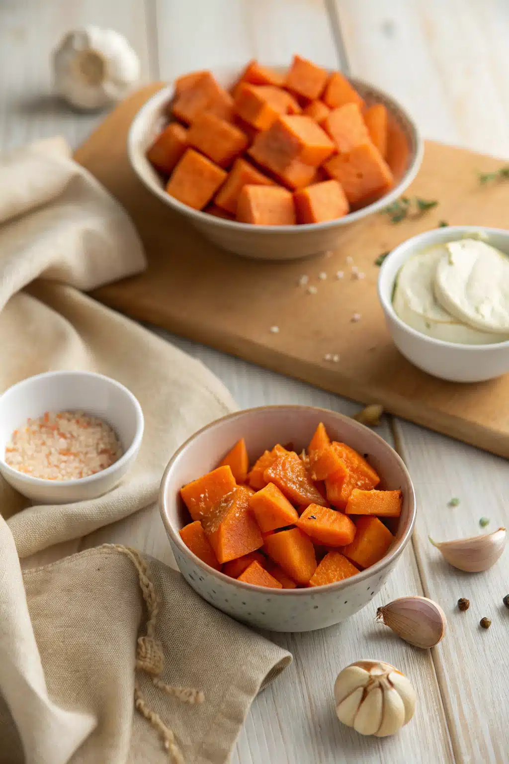 Mashed Sweet Potatoes beautifully presented from an overhead angle