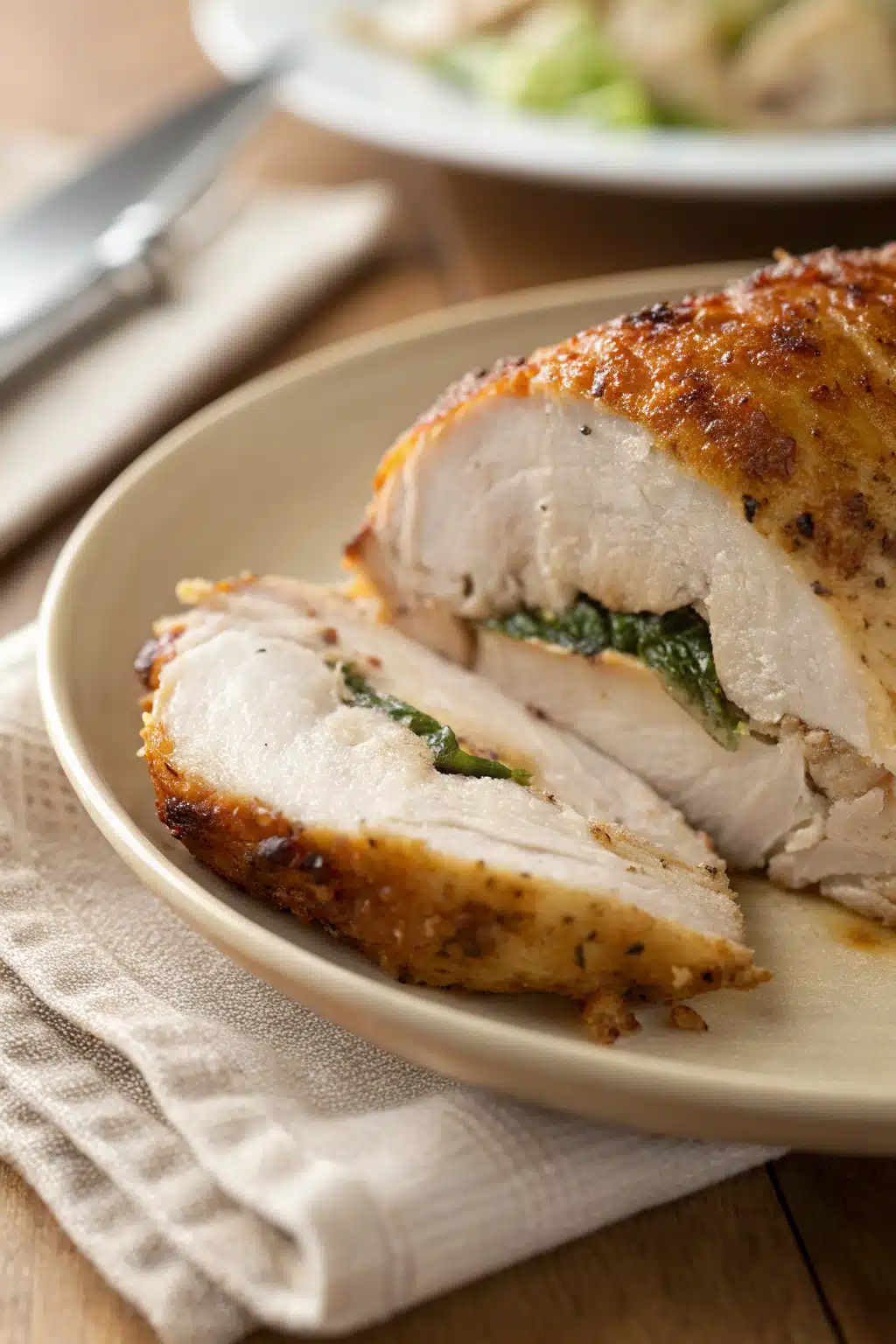 Melt In Your Mouth Chicken slice on plate showing perfect texture and swirl pattern