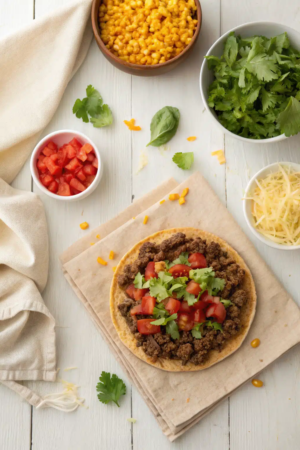 Taco Pizza beautifully presented from an overhead angle