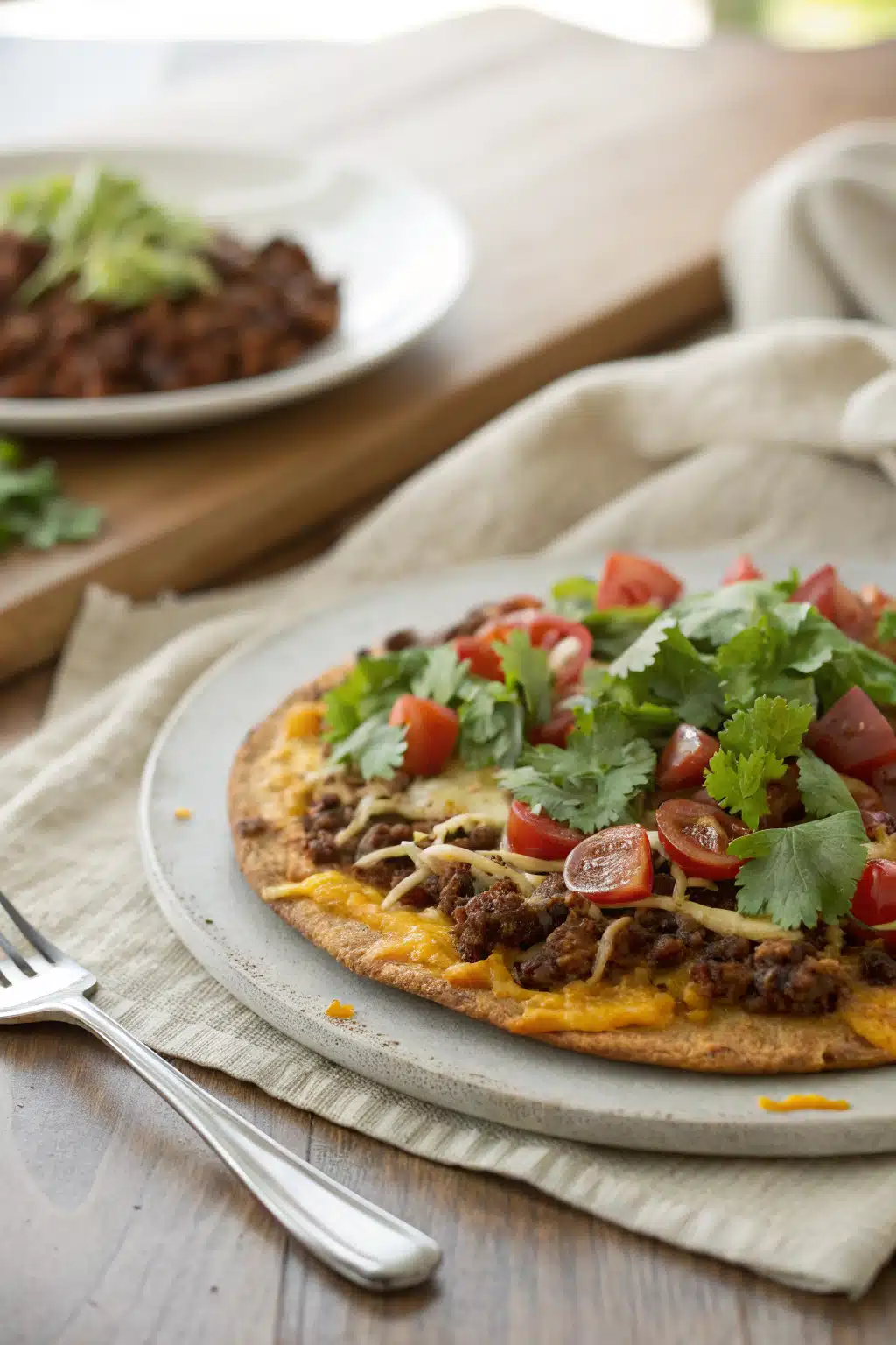 Taco Pizza ingredients organized and measured on kitchen counter