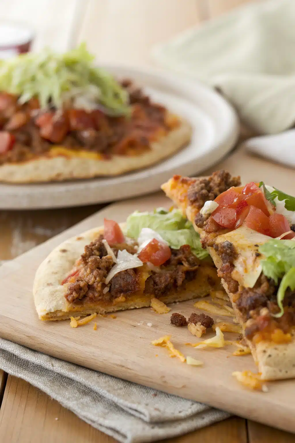 Taco Pizza slice on plate showing perfect texture and swirl pattern