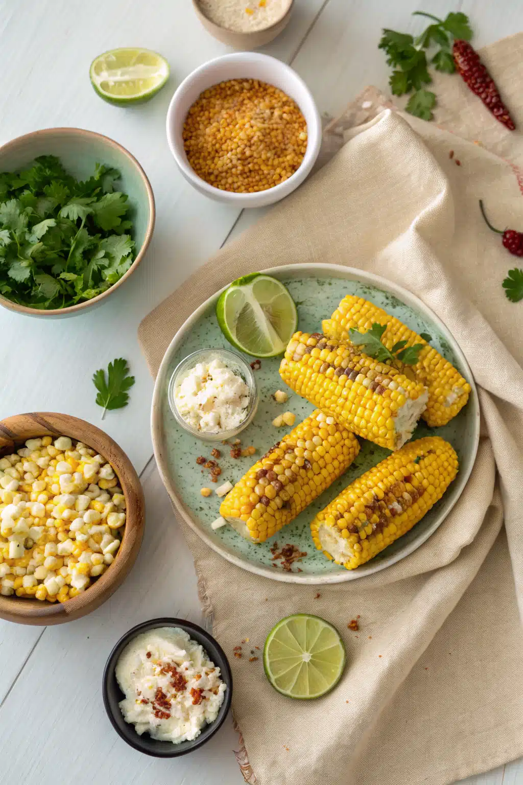 Mexican Street Corn beautifully presented from an overhead angle