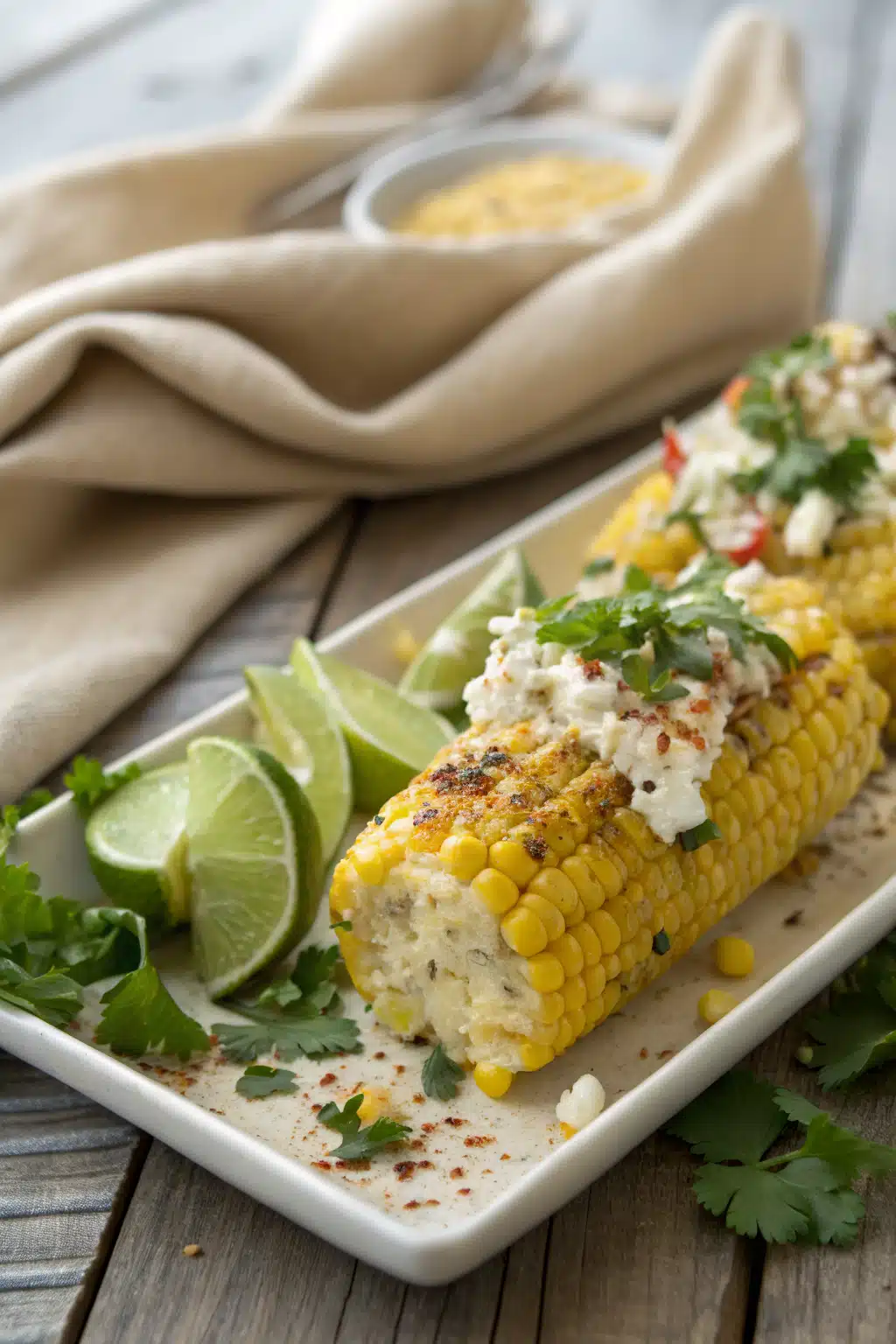 Mexican Street Corn slice on plate showing perfect texture and swirl pattern