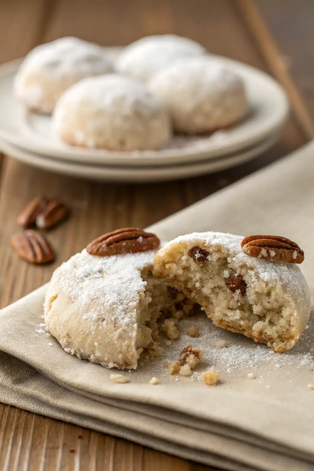 Mexican Wedding Cookies slice on plate showing perfect texture and swirl pattern