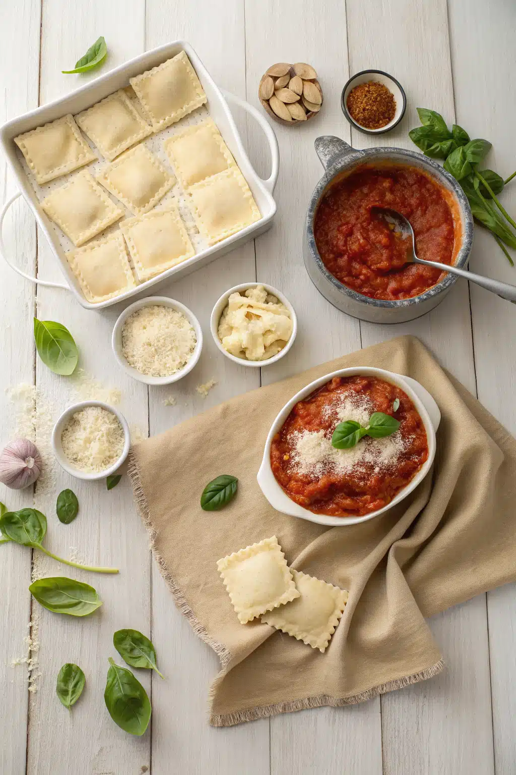 Million Dollar Ravioli Casserole beautifully presented from an overhead angle