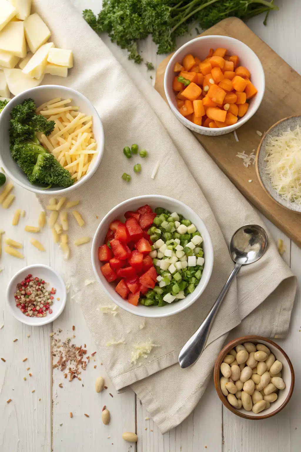 Minestrone Soup beautifully presented from an overhead angle