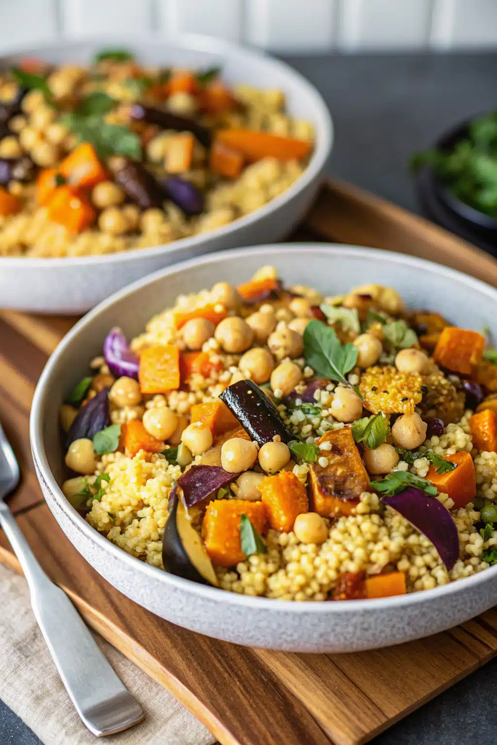 Moroccan Couscous with Roasted Vegetables beautifully presented from an overhead angle